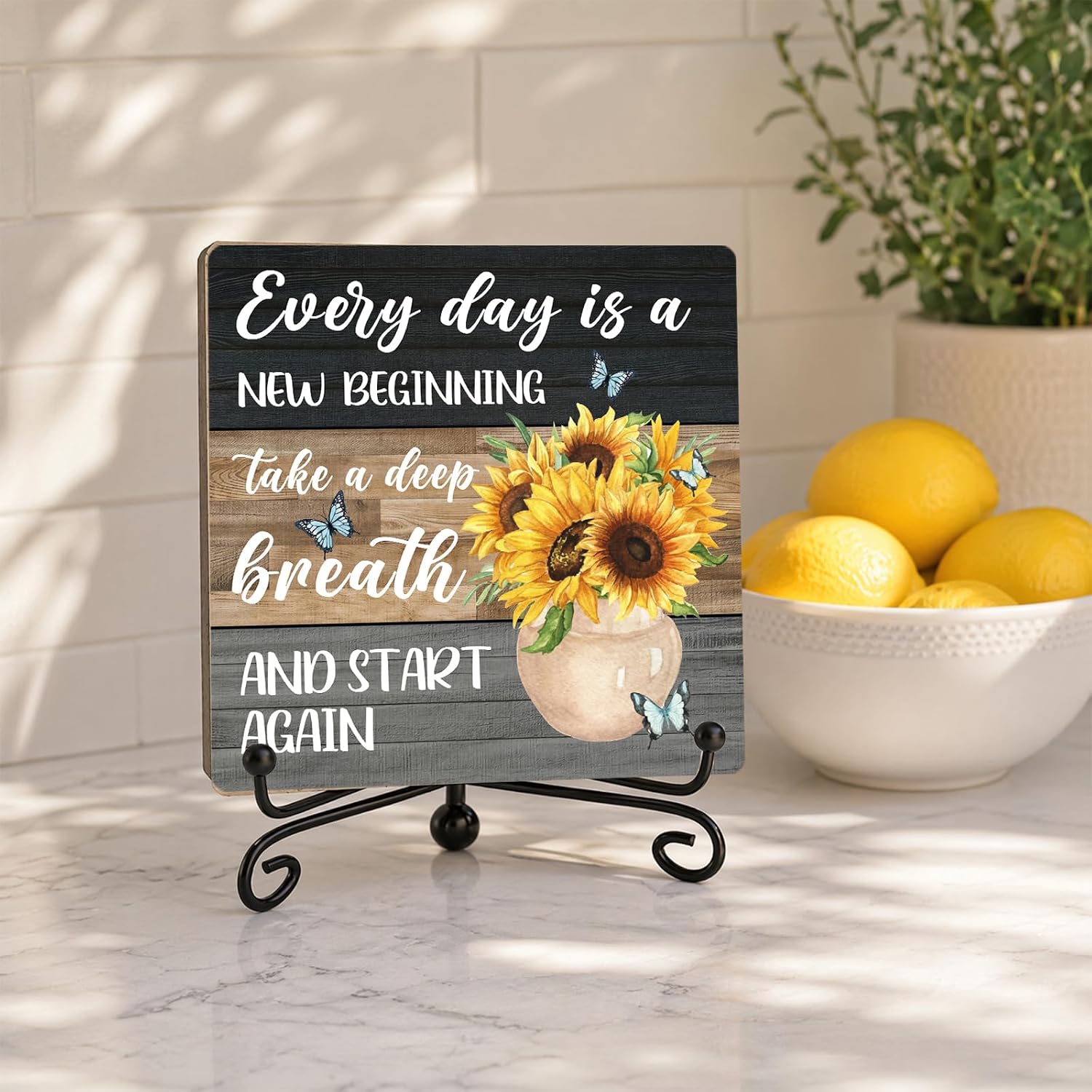 Sunflower Wooden Table Decor, Inspirational Sunflower Kitchen Decor and Accessories for Rustic Farmhouse, Butterfly Decoration for Home Bathroom Office Living Room (Multicolor Wooden textured) image 3