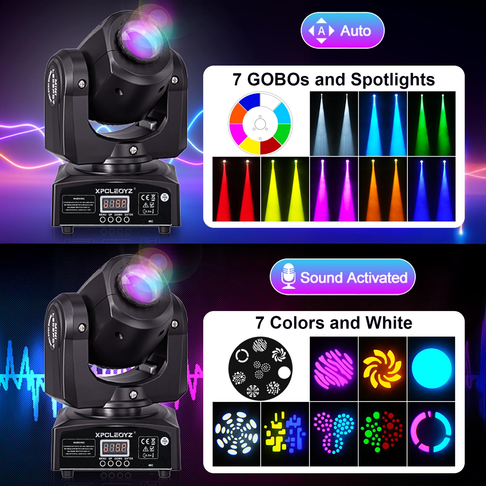 2 Stück Mini 60W Moving Head LED Bühnenlicht Beam, RGBW LED Partylichter DMX512 9/11CH Soundsteuerung für Disco DJ Party Clubs
