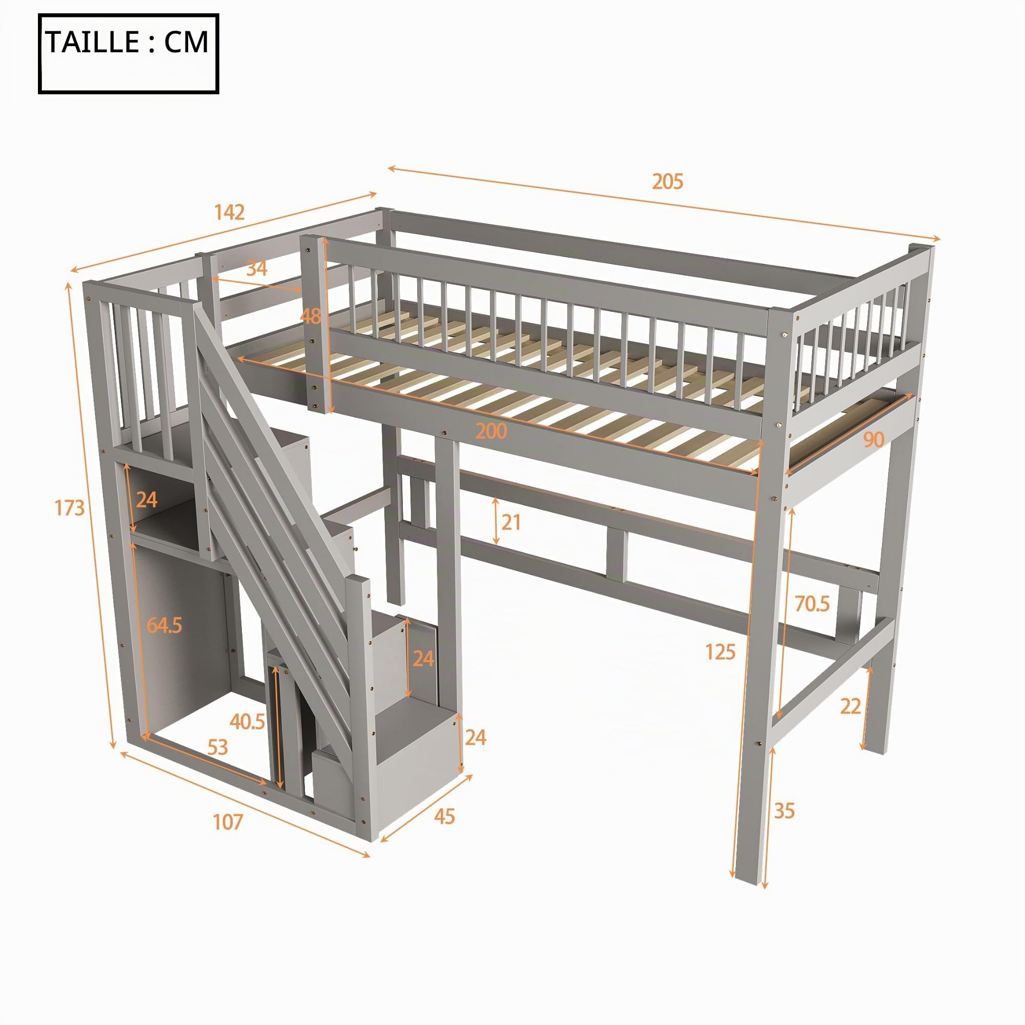 Merax Lit Mezzanine 1 Place 90 x 200 cm, Multifonctionnel Lit Mezzanine Enfant avec Escaliers et Rangement, Cadre en Bois Massif, Gris (sans Matelas)