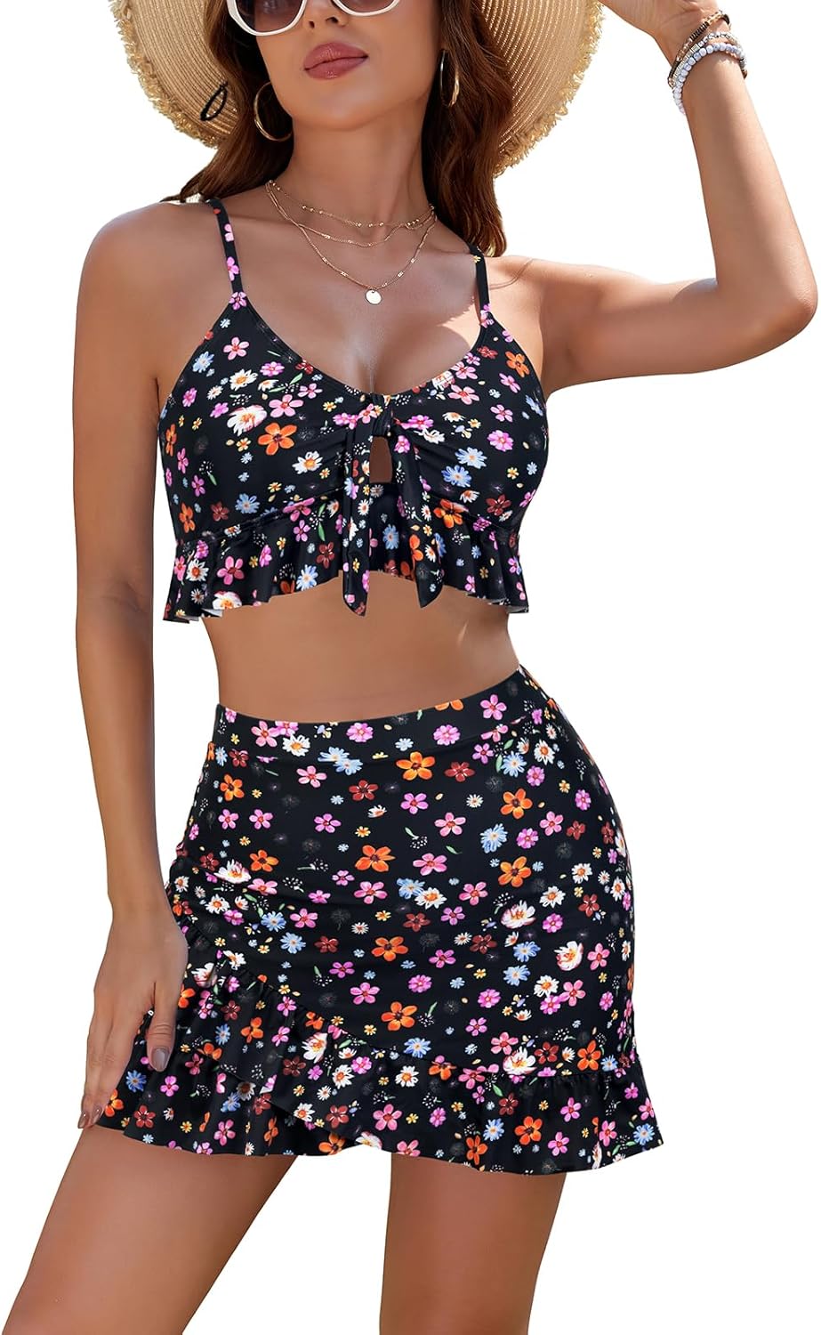 SHEKINI Women's Bikini Set Ruffle Trim Swim Skirt Tie Knot Cut Out Top High Waist Bottom Tankini Two Piece Swimsuits