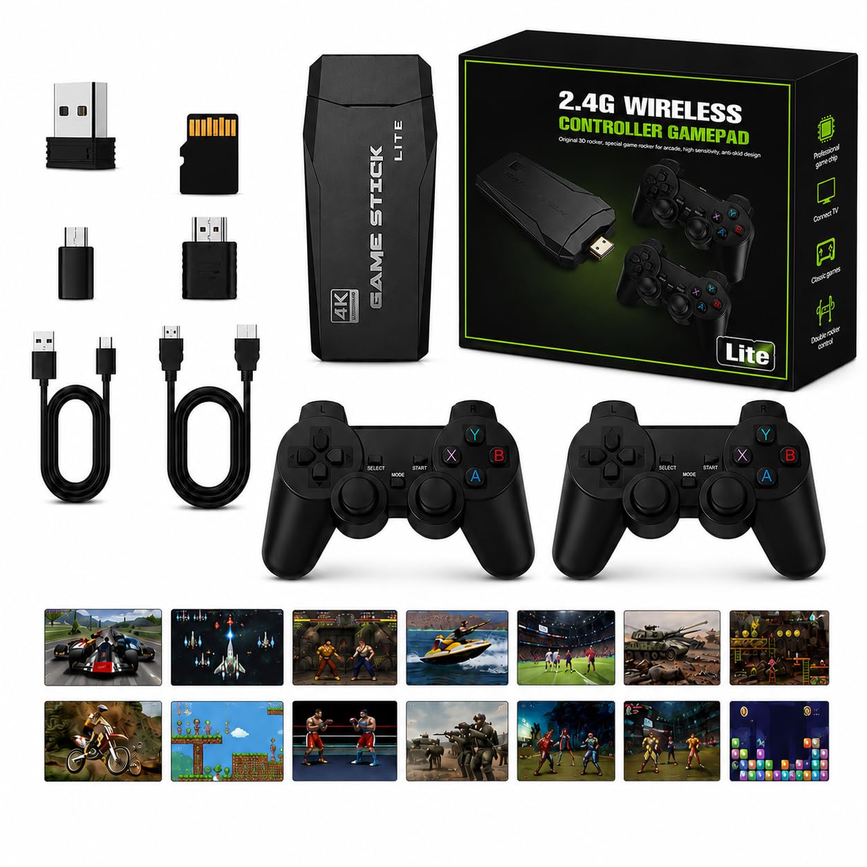 DEEPSHU Console di Gioco Retro Senza Fili, Console Retro Wireless 4K, Set con 2 Controller Neri, Dongle HDMI, 9 Emulatori Integrati, 20.000+ Giochi Preinstallati, Versione 2026，40000Games