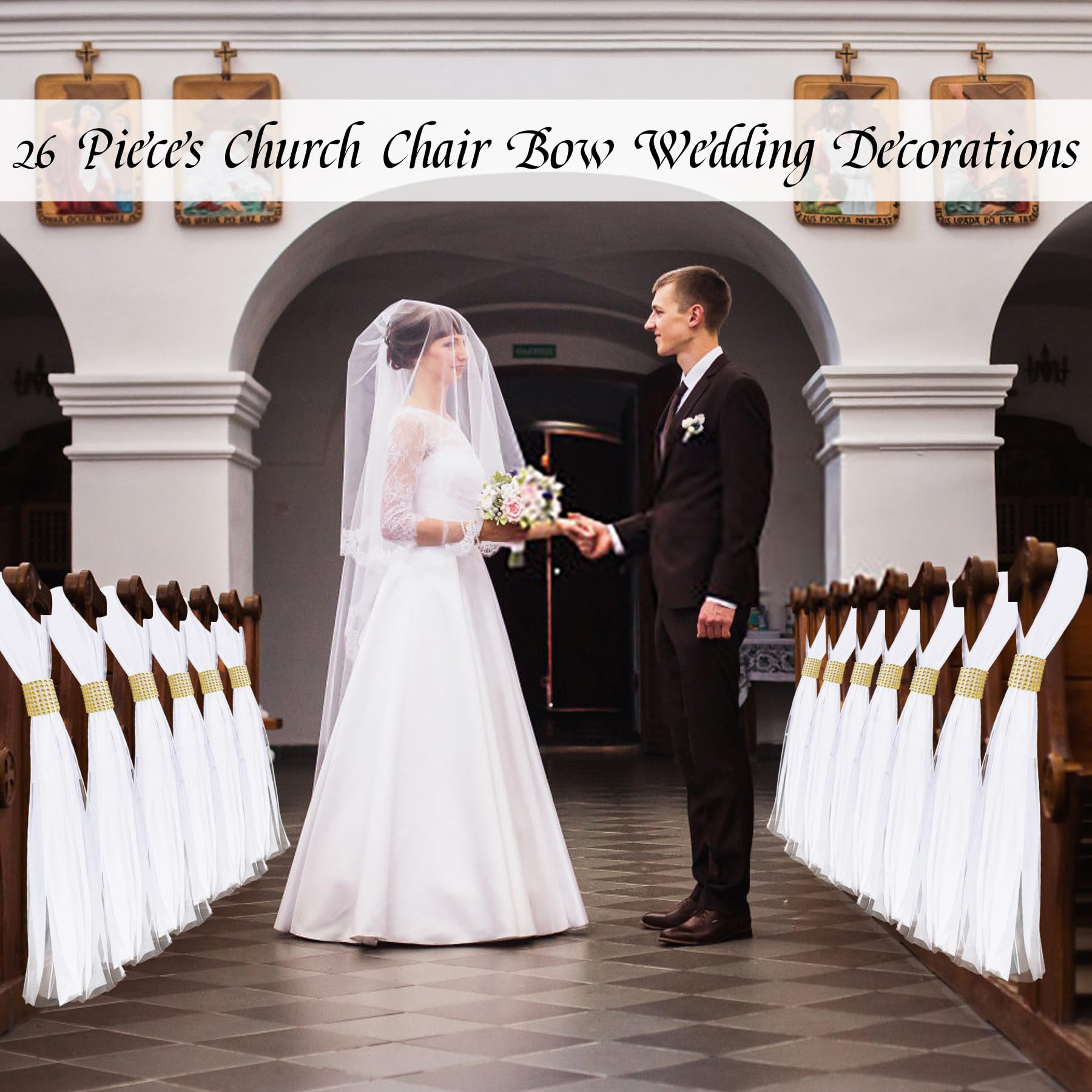 Große weiße Kirchenbögen aus Tüll für Hochzeit, Gang, Stuhl-Dekorationen mit goldener Umwicklung | 26 Stück erweiterte Kirchenbänke Dekor Gang Blumen Läufer für Hochzeiten Zeremonie Außendekorationen