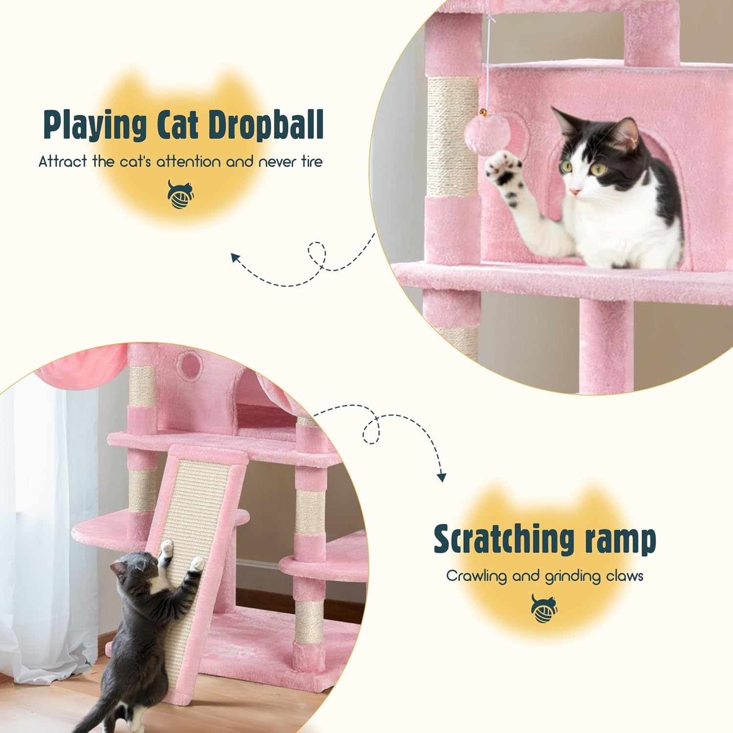 A cat playing with a hanging dropball toy and another cat using the scratching ramp.
