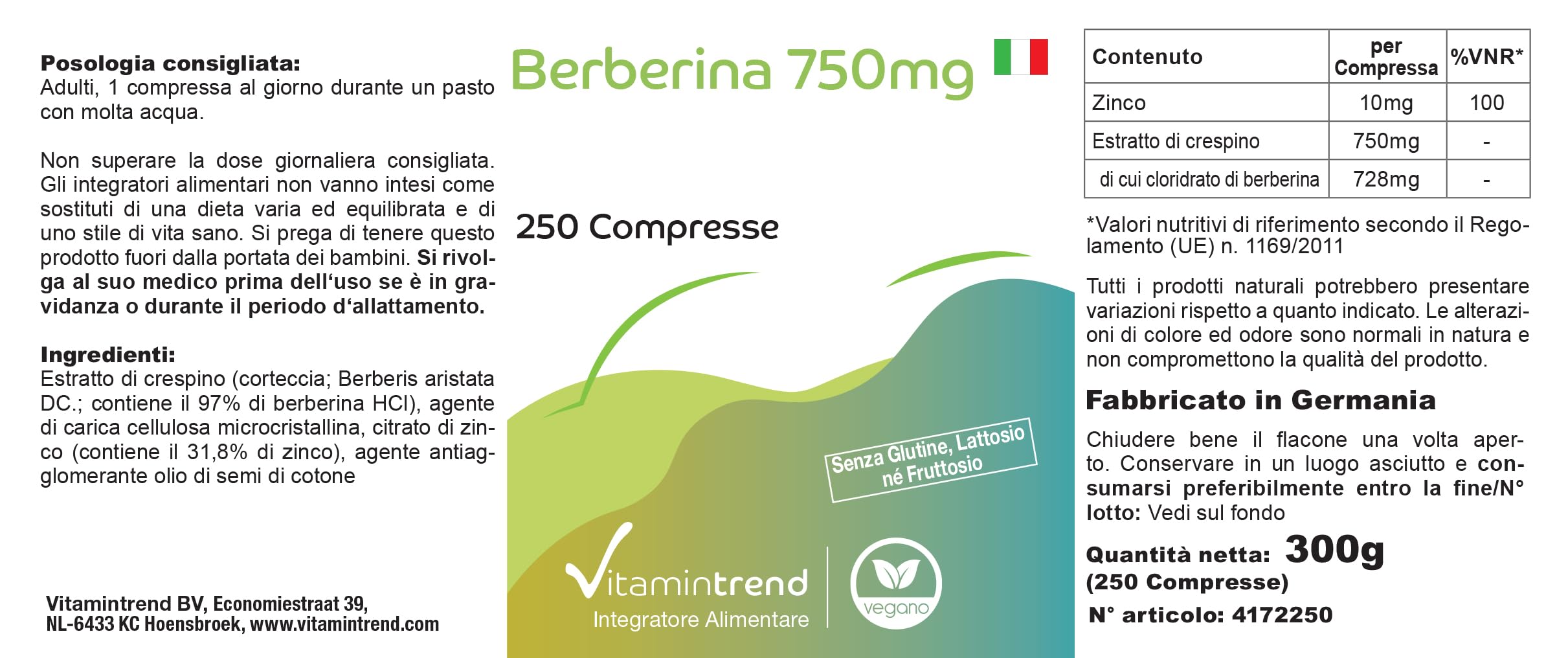 Vitamintrend Berberina 750mg, 250 tabletas, con zinc, altamente dosificado 97% berberina HCl, complemento alimenticio vegano sin estearato de magnesio, fabricado en Alemania