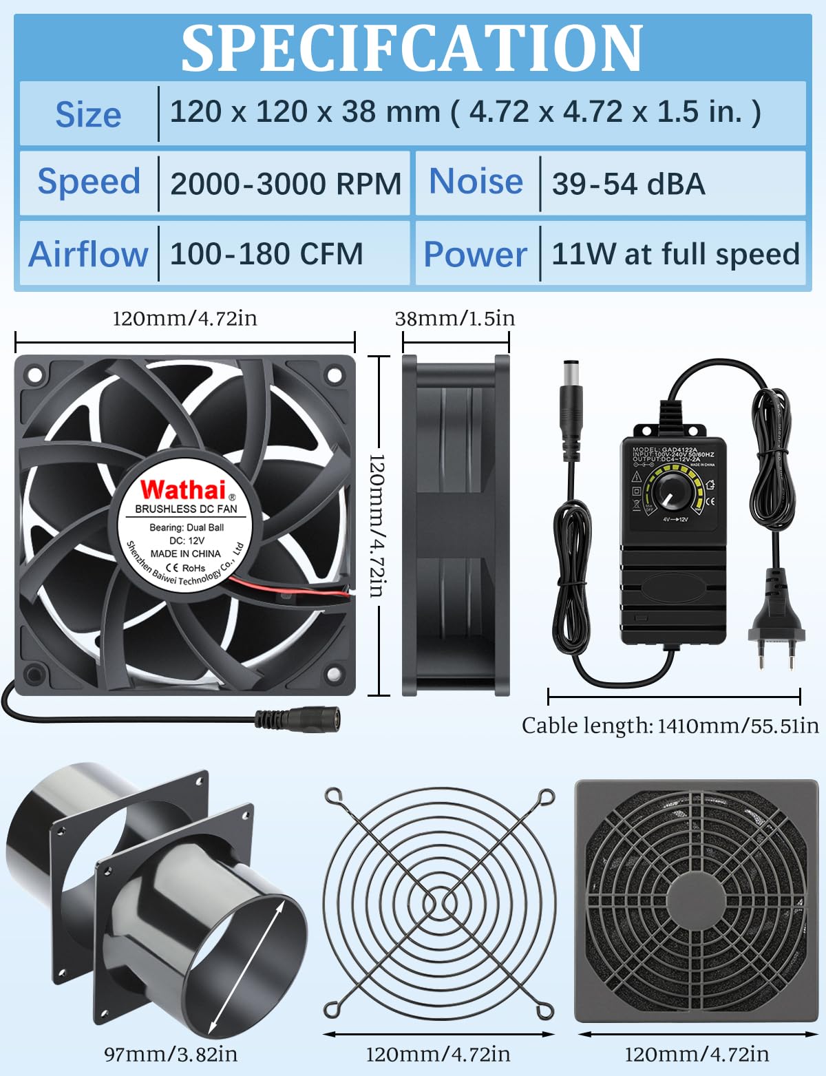 Wathai Ventilatore tubolare da 120 mm, 100 mm, ventilatore di scarico 230 V, 220 V, con regolatore di velocità continuo, ventola per bagno, cucina, tenda da terra, garage, PC computer