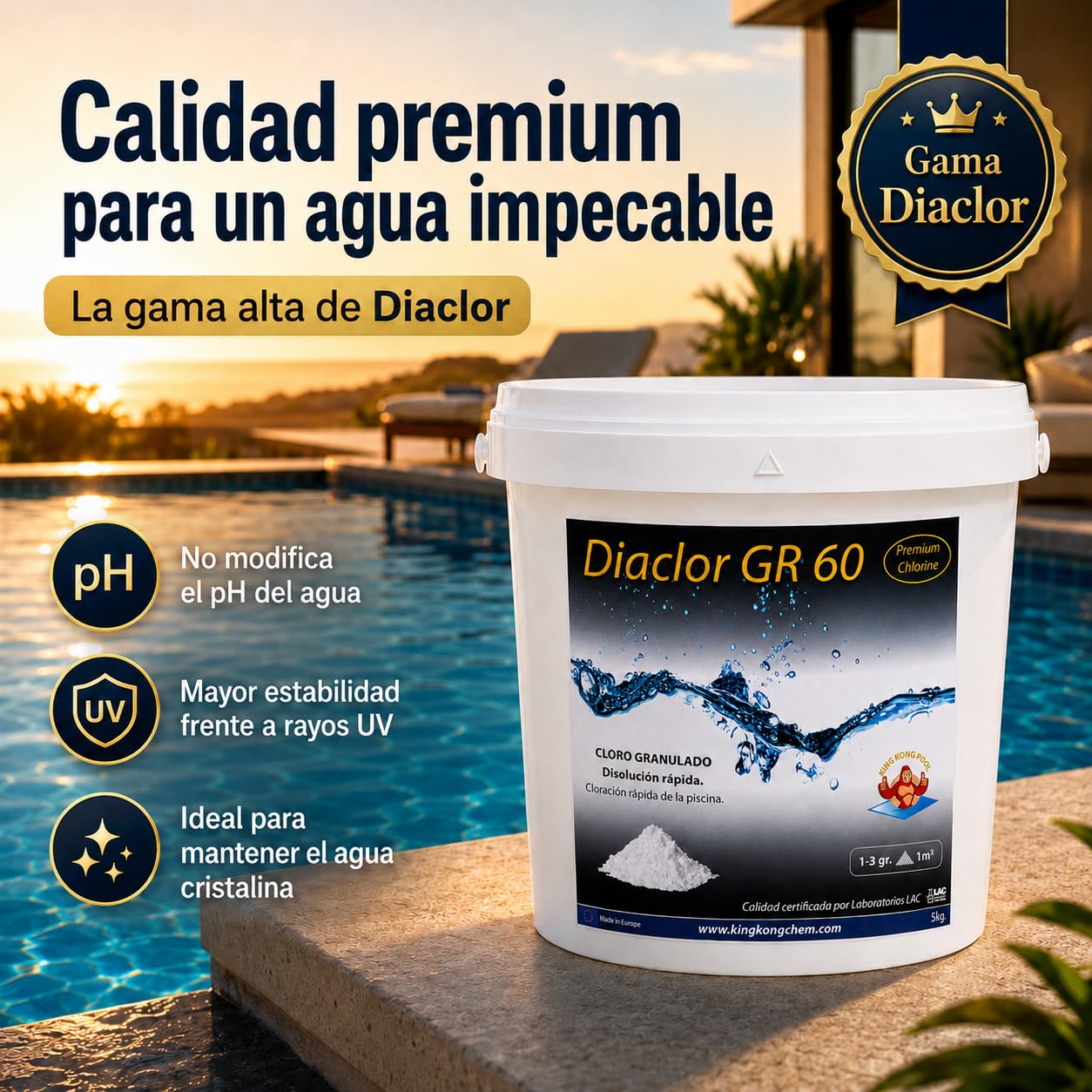 Pack 2 UDS - Cloro rápido para Piscinas DIACLOR GR 60 10 KG (2x5 KG) - Cloro granulado de disolución rápida Blanco