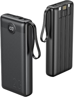 VRURC Portable Charger 20000mAh, Built-in Cable Fast Charging Power Bank, PD QC 3.0 Travel Essentials Battery Pack, 4 Output & 2 Input Phone Charger for iPhone,Samsung, Android-Black
