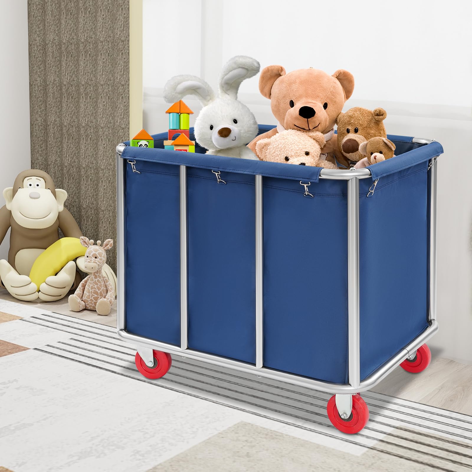 Carrito de lavandería comercial grande de acero inoxidable con ruedas 90x65x80cm (azul) | Cesto grande para la colada con ruedas 400L 260 Lbs 35 x 25 x 31 pulgadas - Ideal para hoteles, lavandería, almacén hospital