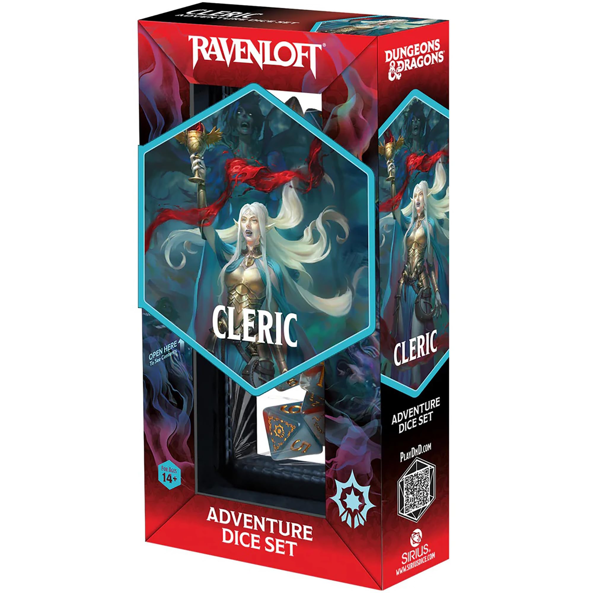 Dungeons & Dragons: D&D Adventure Dice - Cleric: Light Blue & Red - 14pc RPG Set, Class Symbols, Collectible Roleplaying Game Accessory, Sirius Dice
