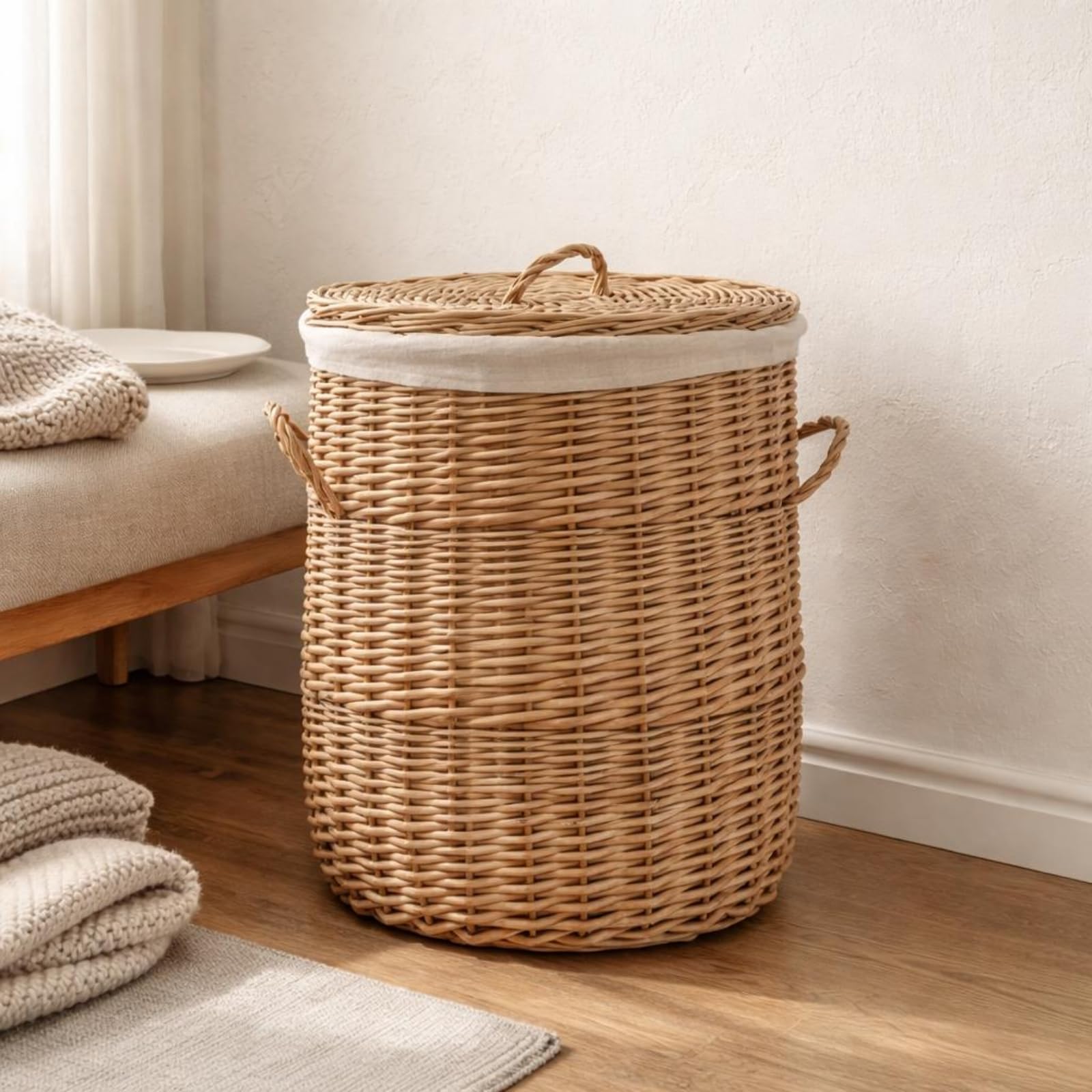 Cesto in Rattan Intrecciato Cesto con Coperchio Salvaspazio Portabiancheria, size to 3