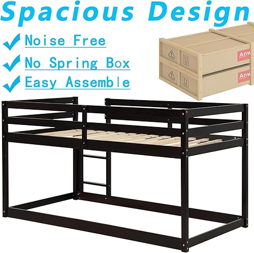 Miniatura 22 de Anwick Litera baja de tamaño individual sobre individual con escaleras y rieles, marco de literas de madera con barandilla de seguridad y listones