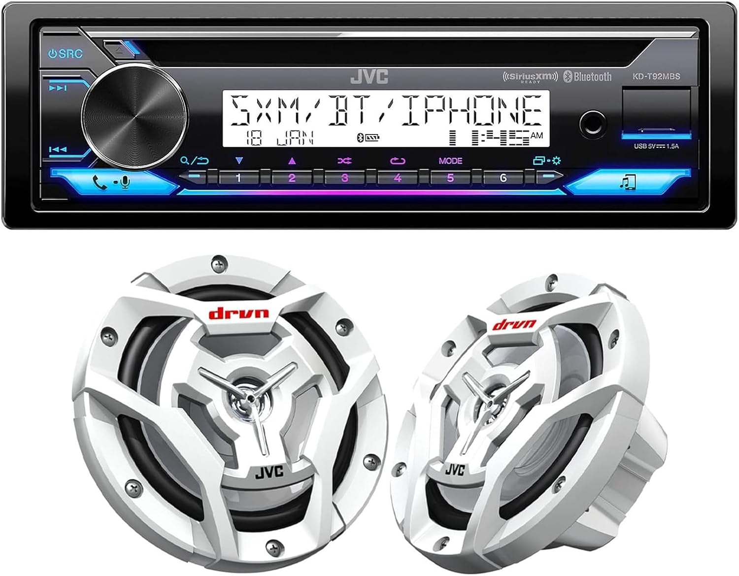 JVC KD-T92MBS JVC KD-T92MBS Marine/Powersports CD Receiver Featuring Bluetooth, Conformal Coated PCB with 1 Pair CS-DR6201MW Marine Speaker 6.5" 2-Way White