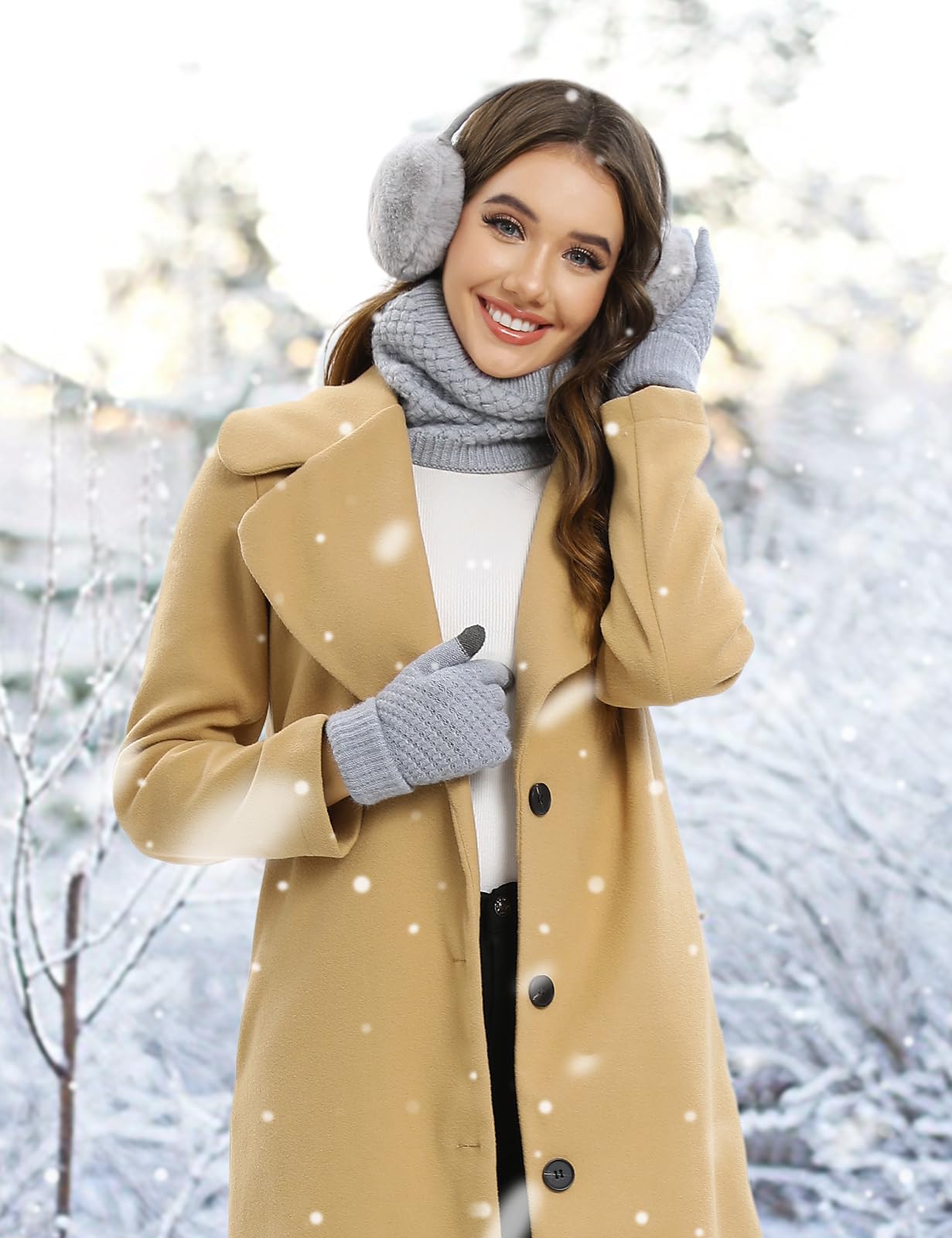 Packs Bonnet Écharpe et Gants Femme 5 en 1 Tricotés Ensemble Hiver Set Doublure Polaire Bonnet Echarpes Gants Tactiles Chaude Cache Oreille Chaussettes Thermiques