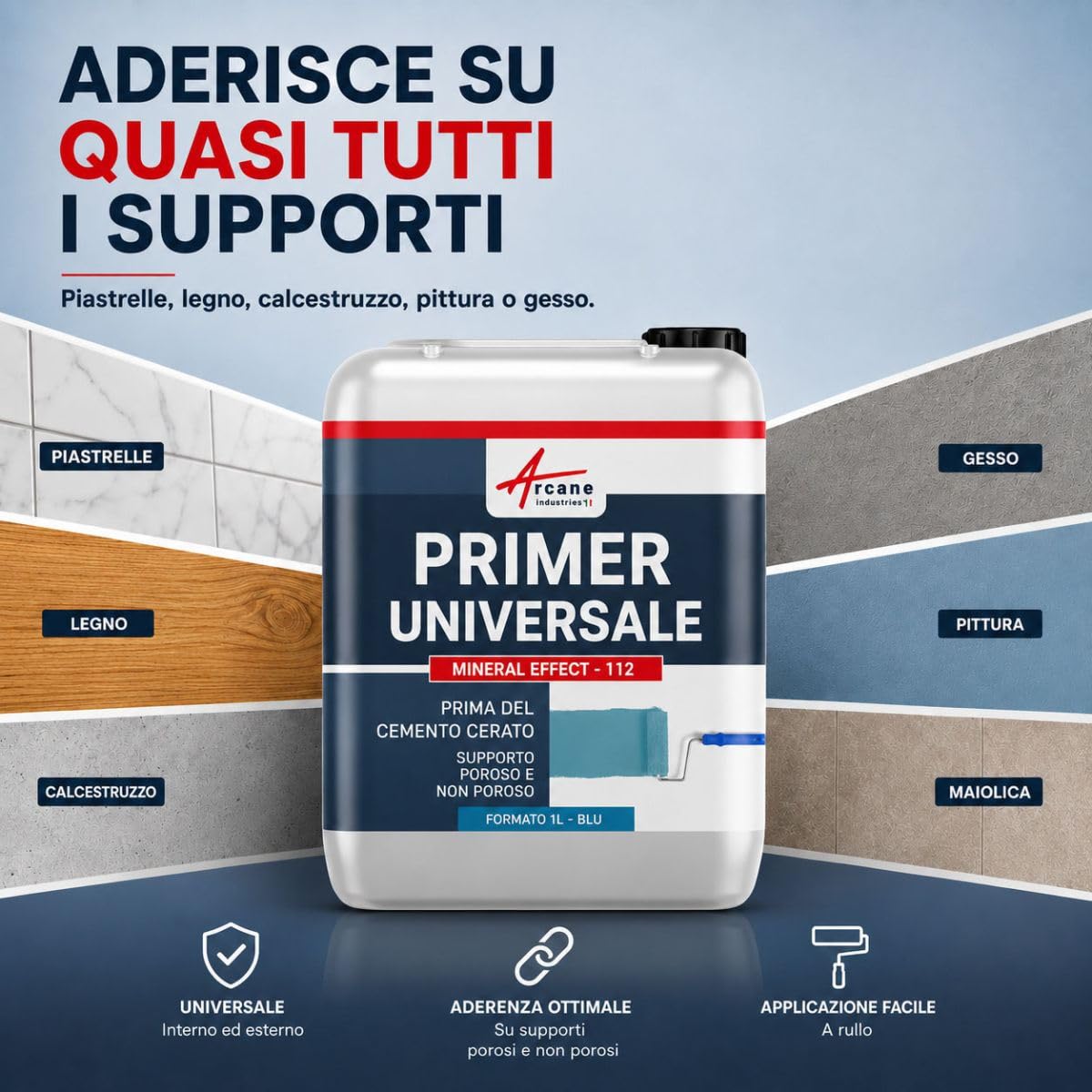 ARCANE INDUSTRIES Primer Universale per Supporti Porosi e Non Porosi 2,5 L | Altissima Presa su Supporti Porosi e Non Porosi, Aspetto Granuloso, Limita le Bolle, Interno/Esterno - Arcane Industries