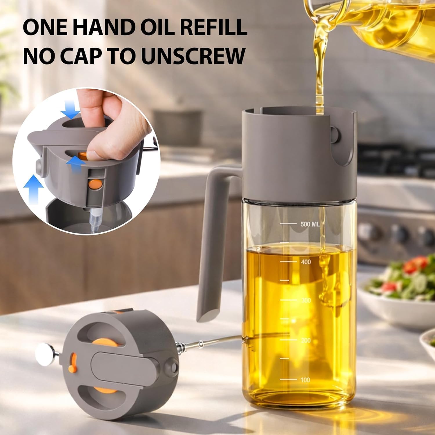 Oil Sprayer for Cooking, 2025 Large Advanced Olive Oil Dispenser Bottle,500ml/17oz Glass Olive Oil Sprayer,2 in 1 Even Spray with Portion Control for Kitchen, Air Fryer, Salad, BBQ - Gray