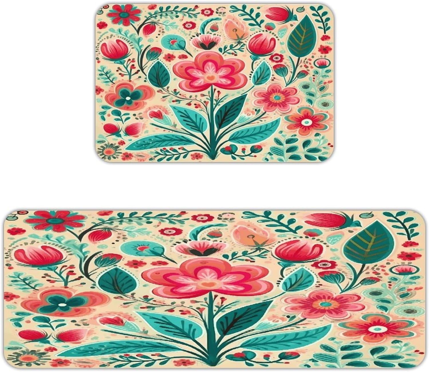 Flower Folk Art Kitchen Mat Kitchen Rug Set | Kitchen Rugs Flannel Velvety Washable breathable Water Absorbent Soft ，kitchen utensils for Kitchen, Floor,Laundry