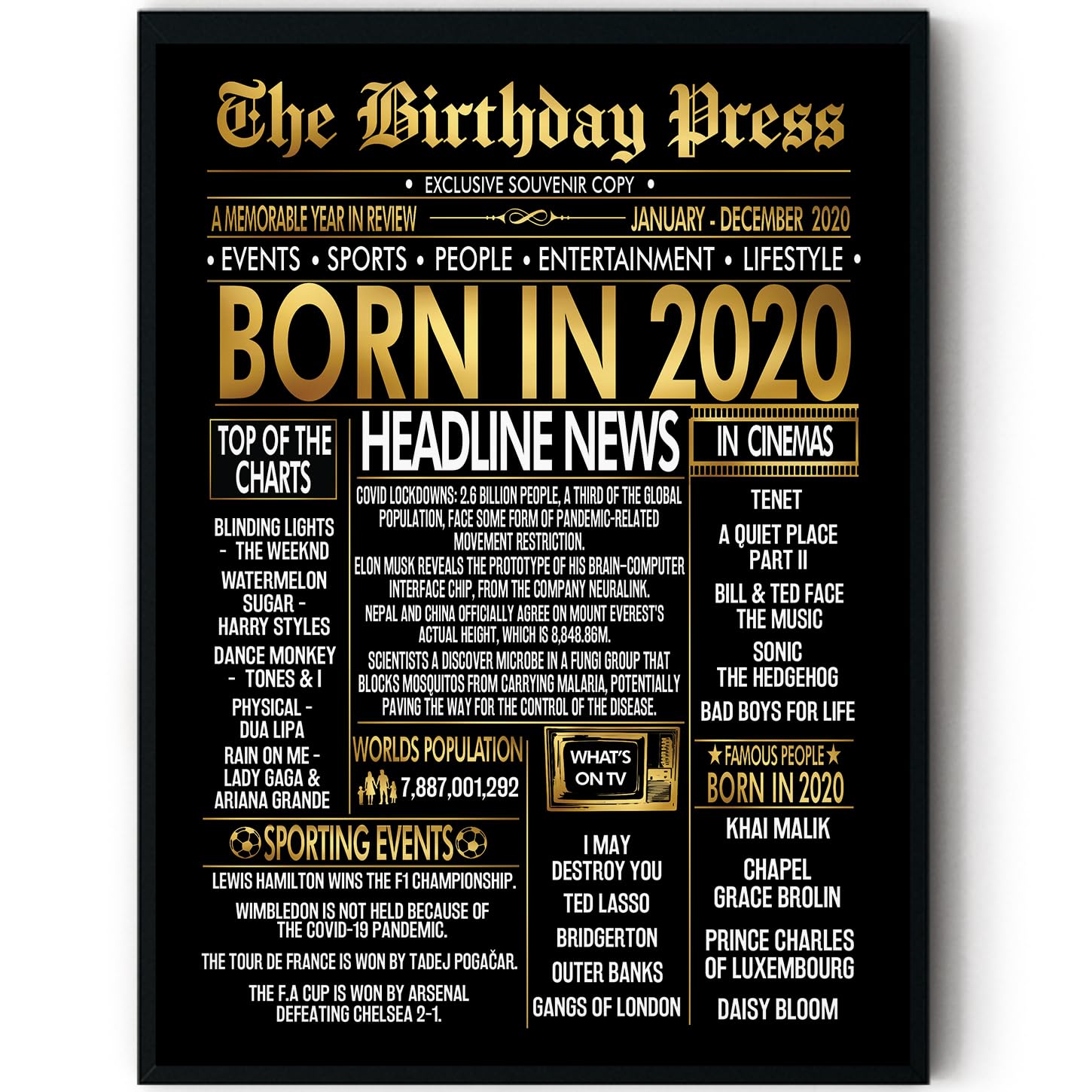 Stuff4 Gold 6th Birthday Poster Framed - Golden Born In 2020 Newspaper - Happy 6 Birthday for Boys Girls Retro Vintage Gifts Back In 2020, 8x10 Inch Bday Party Decor Decoration