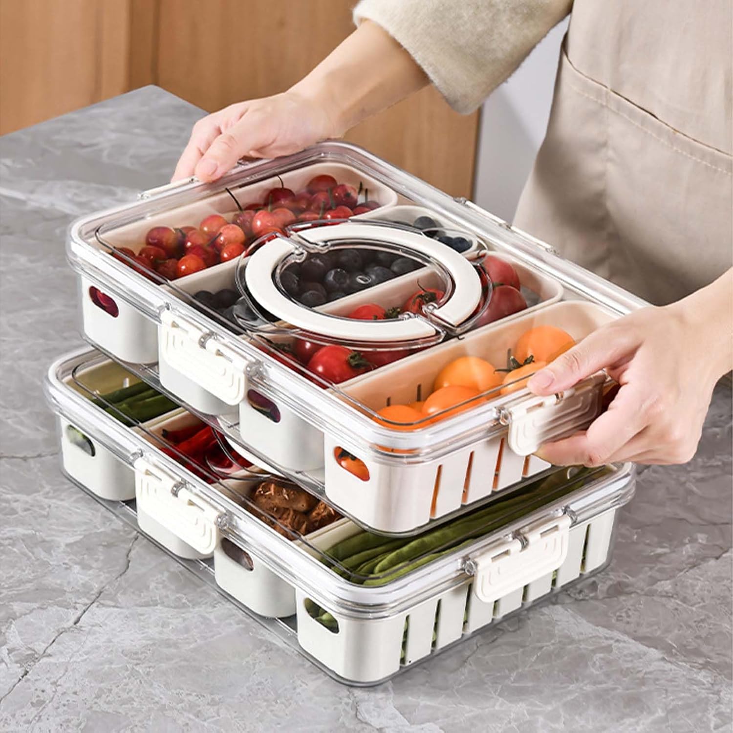 Divided Serving Tray with Lid and Handle, Snack Box Charcuterie Container Portable Fridge Organizer for Fruits, Veggie, Candy, Nuts, Picnic, Party (1), White