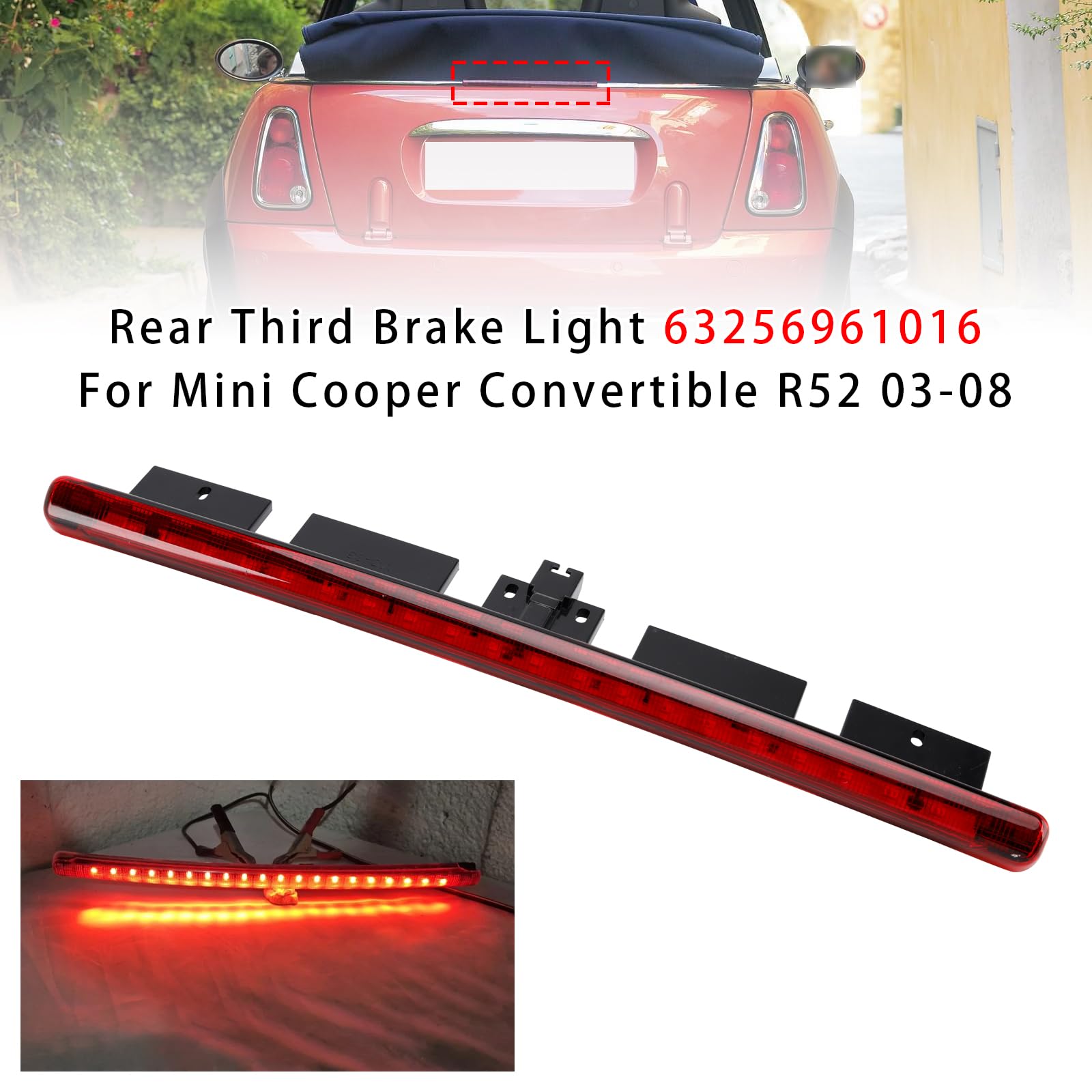 Dritte Bremsleuchte für Mini Cooper Cabrio R52 2003-2008,Ersatzteil 63256961016 6961016,Hintere Zentralleuchte Rot,Kunststoff Gehäuse Schwarz,Direkter Austausch