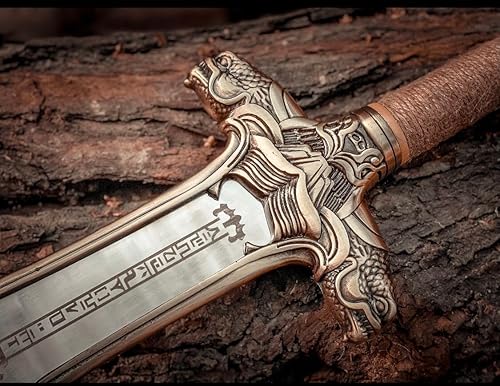 Miniatura 6 de Handmade Conan Atlantean Sword 1095 Carbon Steel Brass Fittings, Black with Leather Sheath Viking sword-9090