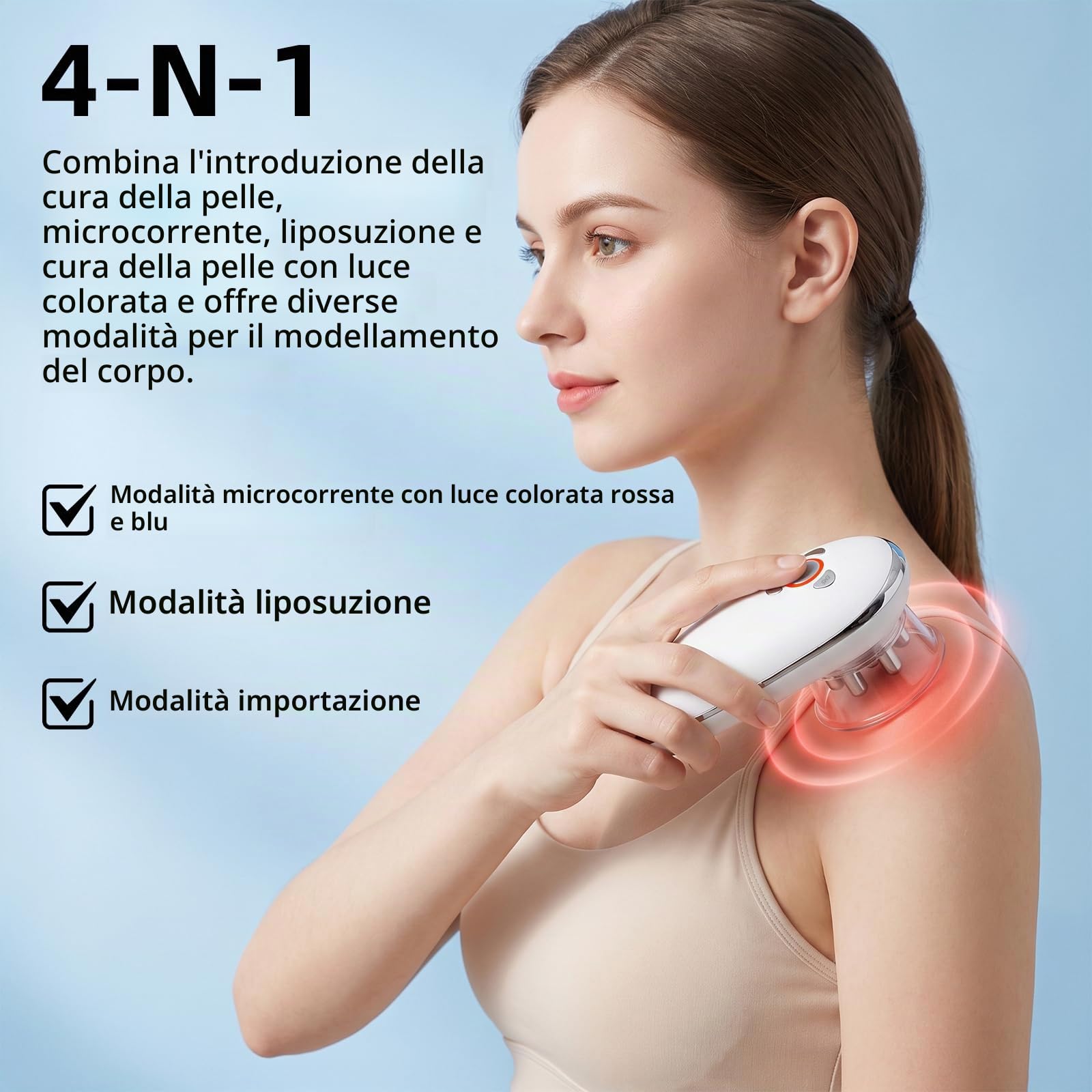 Dispositivo elettrico per cupping 4 in 1 con EMS e 3 modi di illuminazione LED, massaggio cellulite con 3 livelli di aspirazione e 2 testine per cupping, massaggio del corpo per viso, addome, gambe