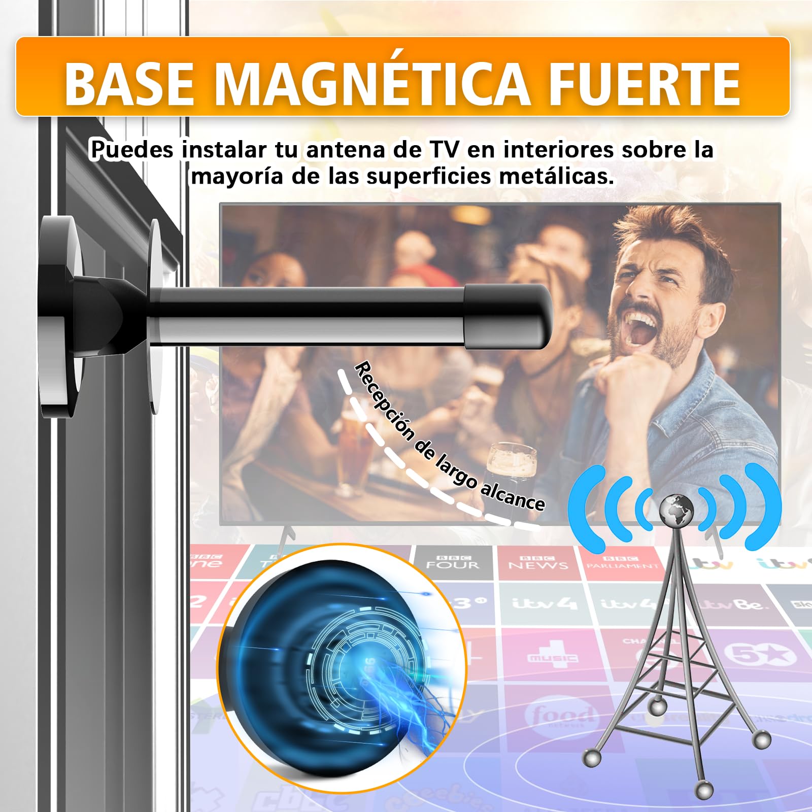 Antena TV Interior Potente con Amplificador – Antena TDT HD 4K/1080p, Recepción 360° Estable, Base Magnética Fuerte, Instalación Rápida, Compatible DVB-T2/DVB-T, Sin Suscripción