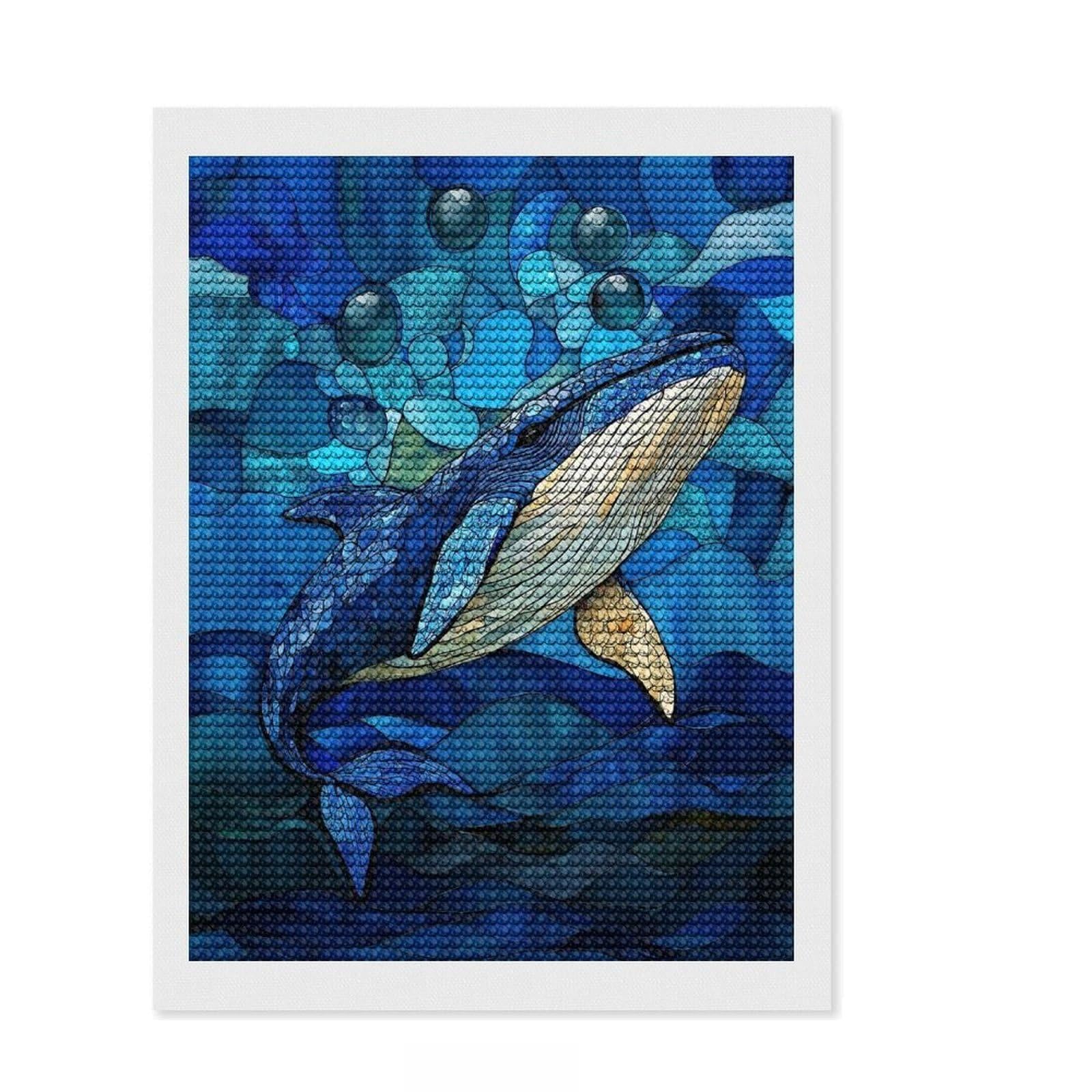 Junmoney Stained Glass Whale Diamond Painting Set 12"x16", Stress Relief Craft, Simple to Start, Farmhouse Decor, Gift Idea, Easy to Enjoy