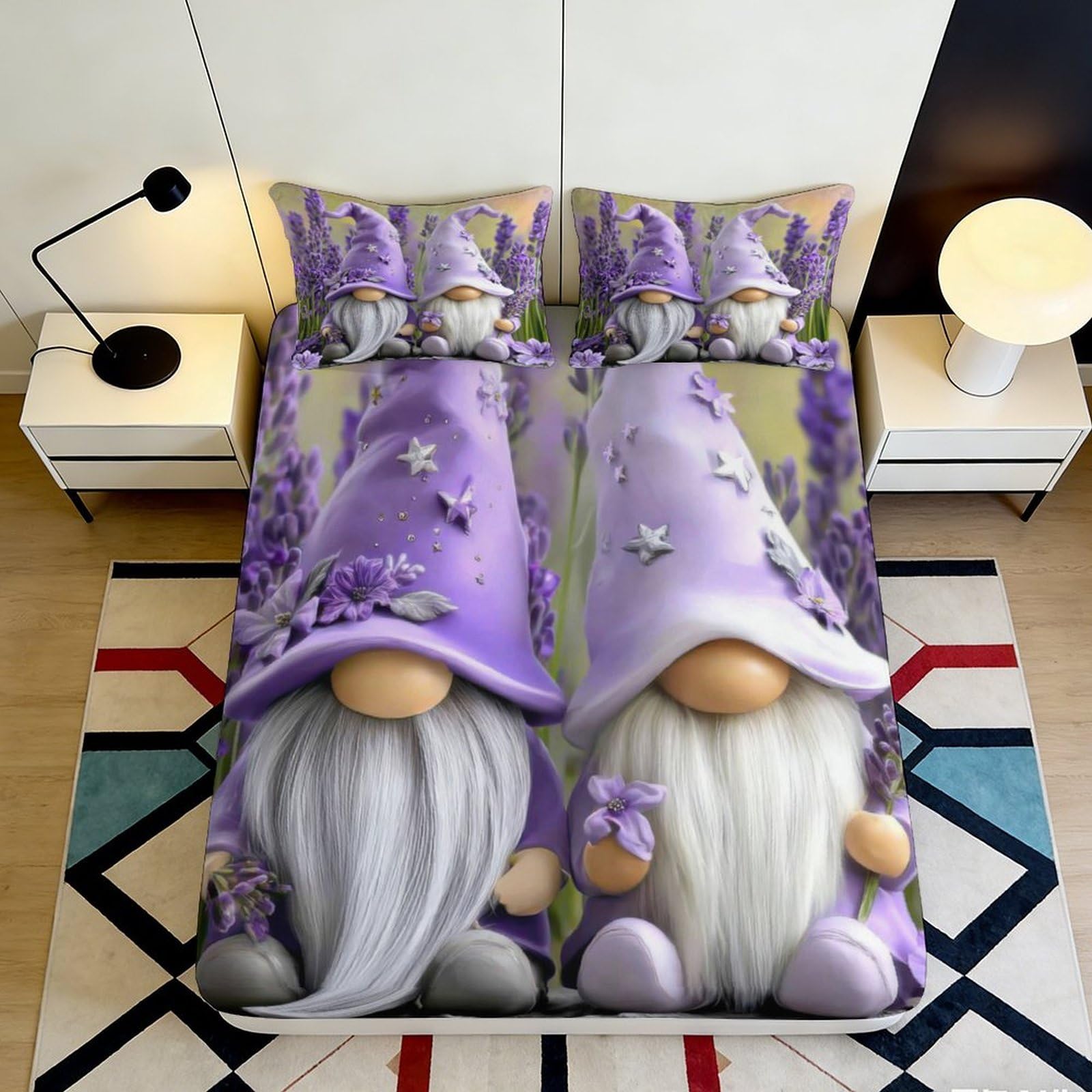 3D Printed Lavender Gnome Fitted Sheet Microfiber Soft Anti-Slip Bed Cover for Adult Teen Bedroom Dorm Decor 90x200x25cm