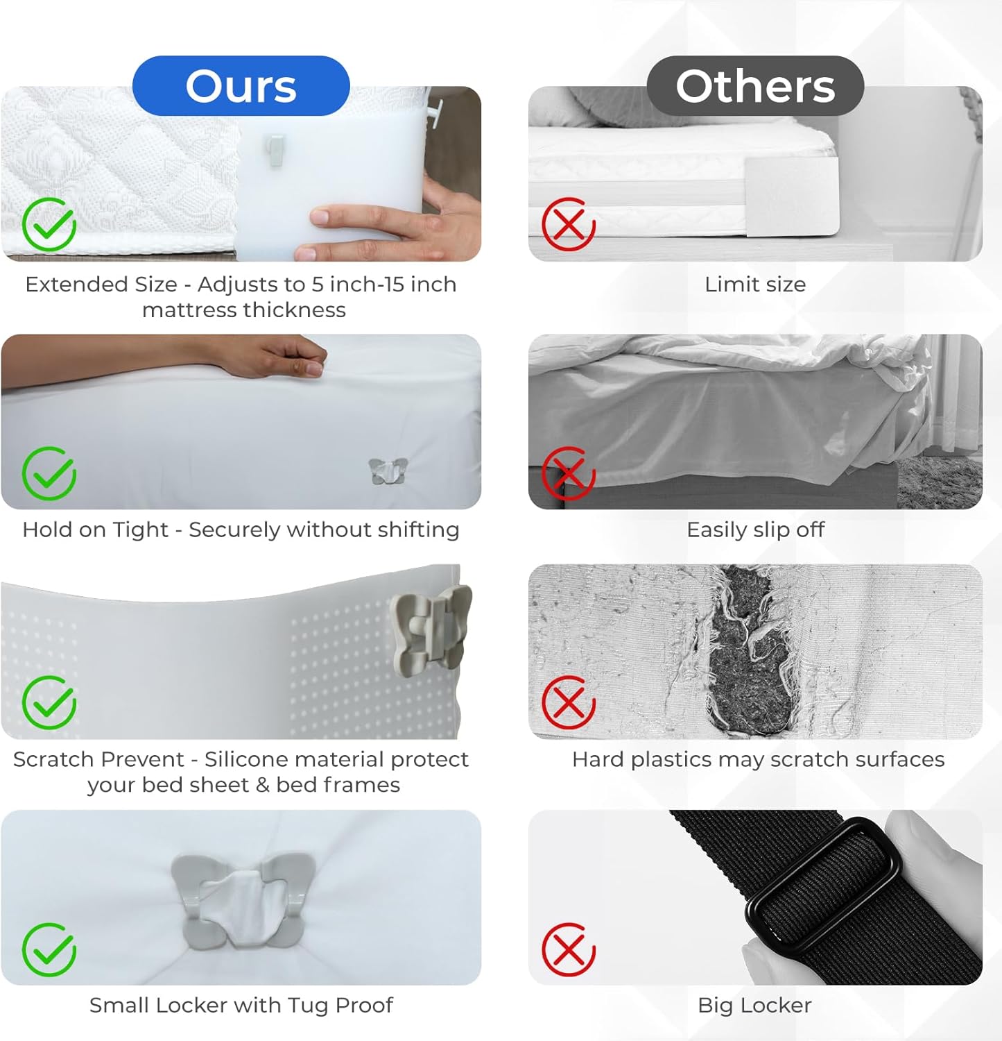 Lock Bed Sheet Holders for Mattresses – Adjustable Silicone Sheet Clips, Reusable & Scratch-Proof – Secure Flat/Fitted Sheets Effortlessly