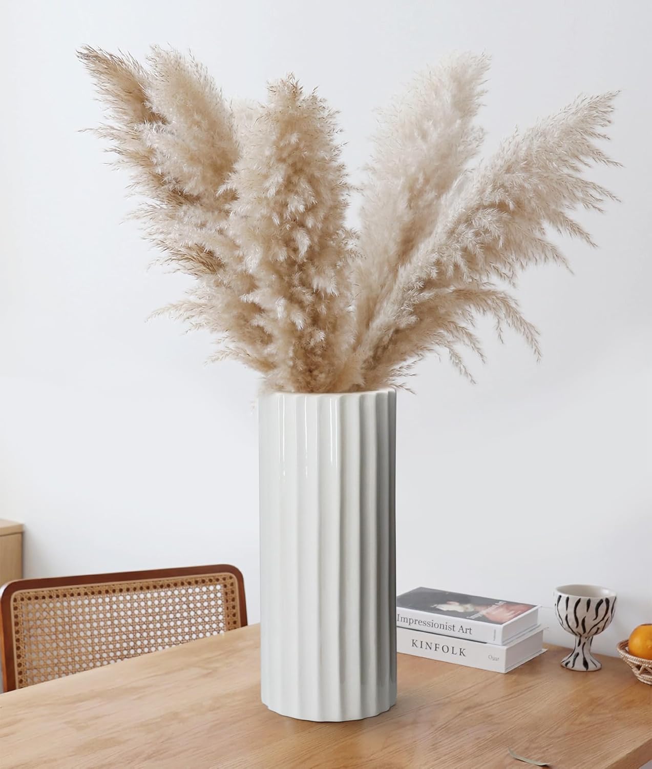 GeLive Glazed White Ceramic Vase Ribbed Straight Cylinder Minimalist Waterproof Flower Vase, Home Decor Centerpiece for Fresh Bud Artificial Dried Flowers 9 Inch Height - Image 3