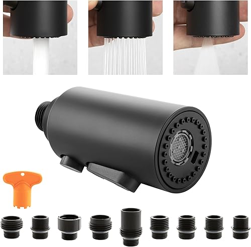 DOLGABA Boquilla de pulverización para fregadero de cocina de 3 funciones, repuesto de cabezal de grifo con 9 adaptadores, negro mate