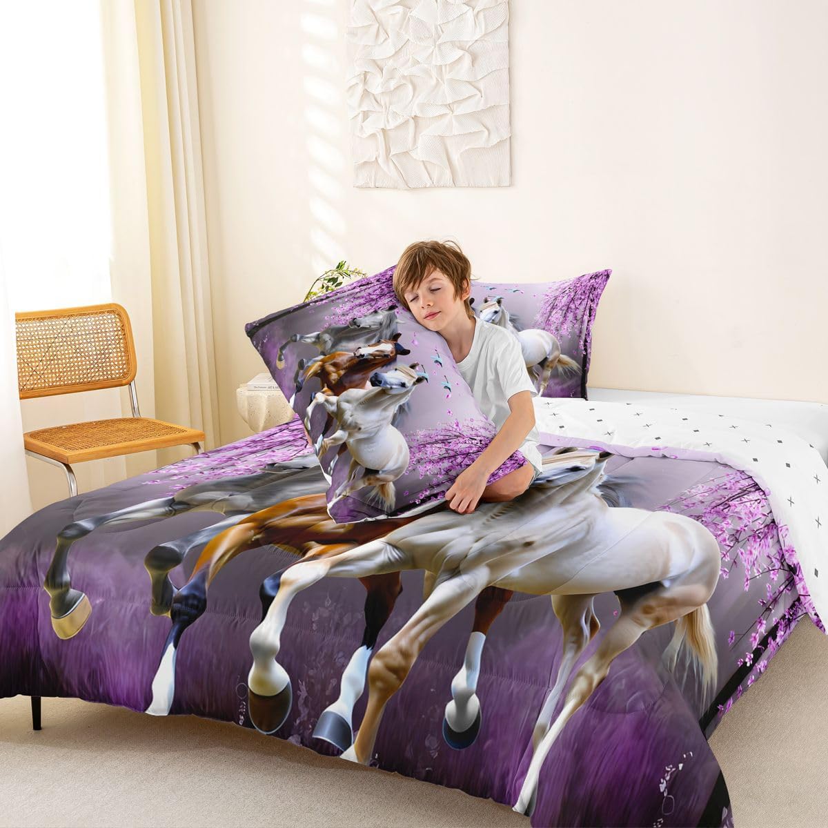Feelyou Girls Horse Twin Size Comforter Set Cherry Blossom Galloping Horse Bedding Set for Kids Boys Teens Western Duvet Comforter Floral Animal Decor Gifts for Girls Quilt Set Bedroom,Purple - Image 2