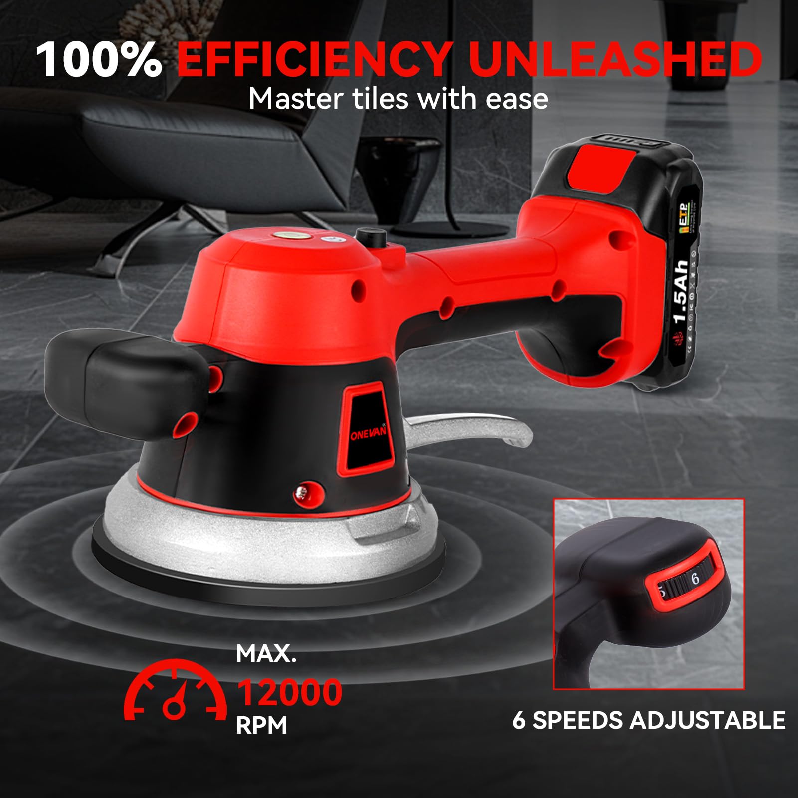 ONEVAN Fliesen Rüttler Akku 200kg, Elektrische Fliesen Vibrationsgerät 145mm Saugnapf 6 Gang Fliesenrüttler Fliesenvibrationsmaschine, für 150 x 150 cm Fliesen