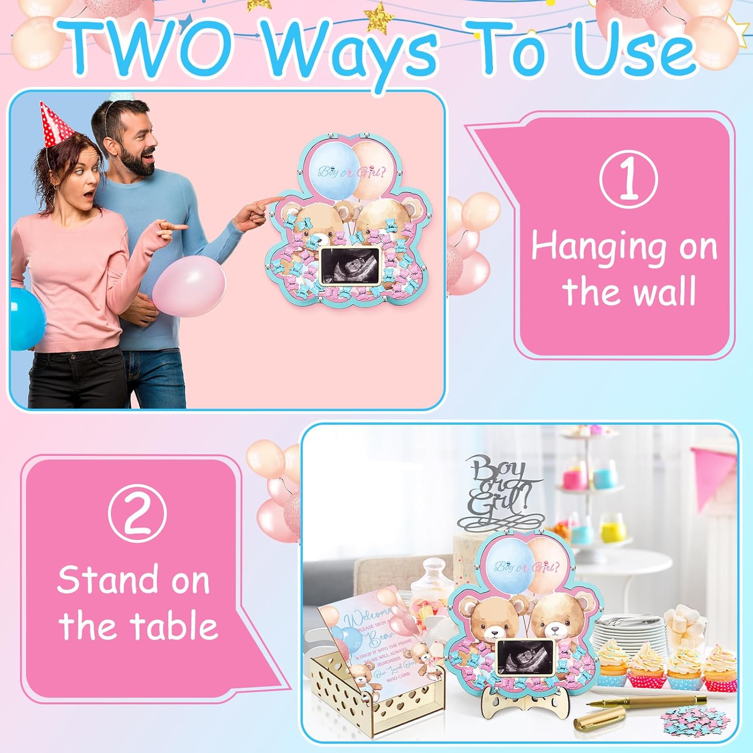 Wenqik 63 Bear Gender Reveal Baby Shower Guest Book Alternatives Set Baby Shower Decorations with Photo Frame Sonogram Frame Keepsake 60 Wood Slices Guest Book for Birthday