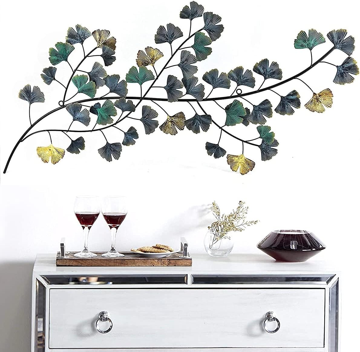 Bellaa 3D Metal Wall Decor Living Room Ginkgo Leaf Japanes Style Flower Golden Blue Teal Abstract Scroll Celtic Wrought Iron Plaque Hanging Boho Home Outdoor Garden Floral Accents Turquoise