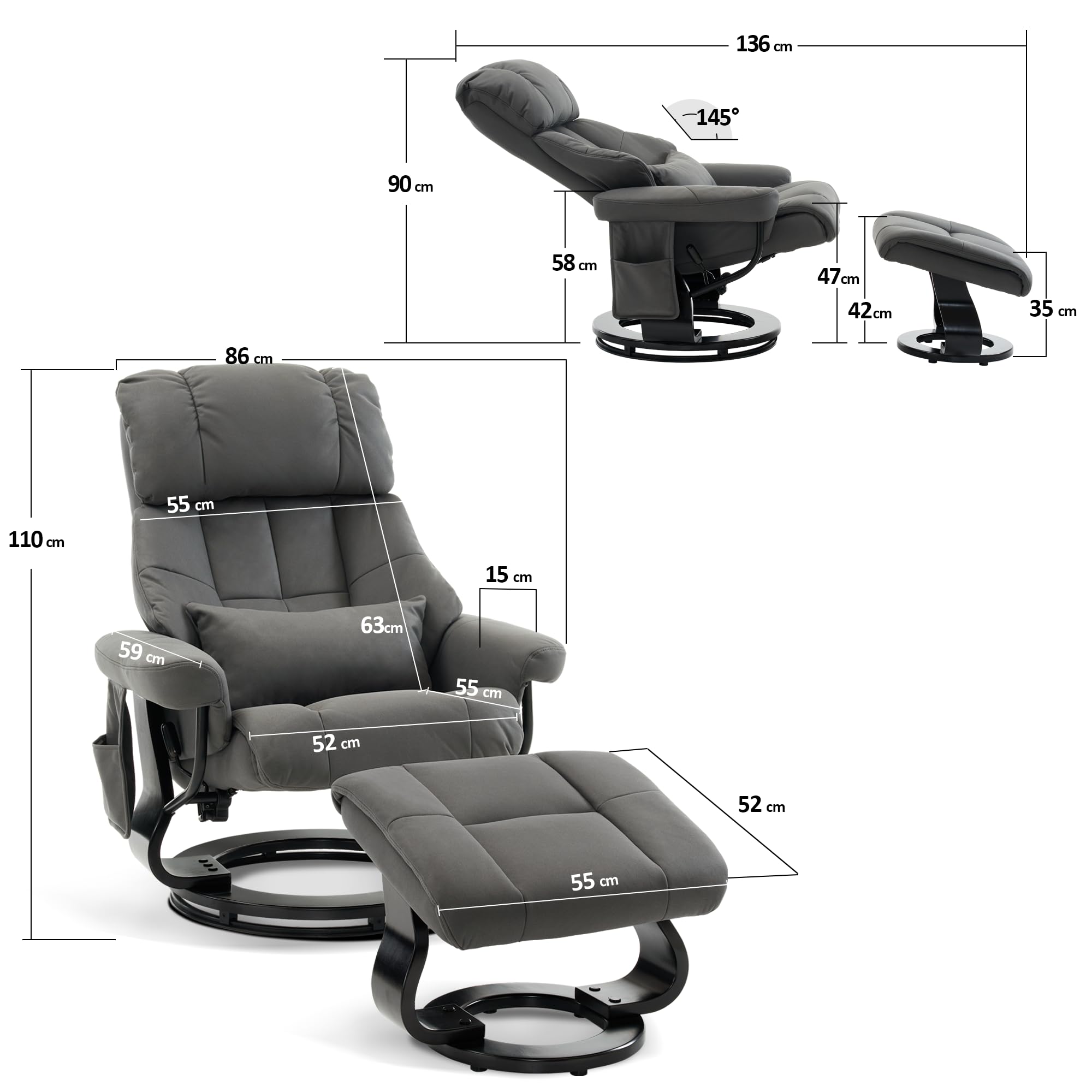 MCombo Relaxsessel mit Hocker Drehbare Fernsehsessel Liegefunktion Moderner TV-Sessel Stuhl Wohnzimmer Mikrofaser Grau