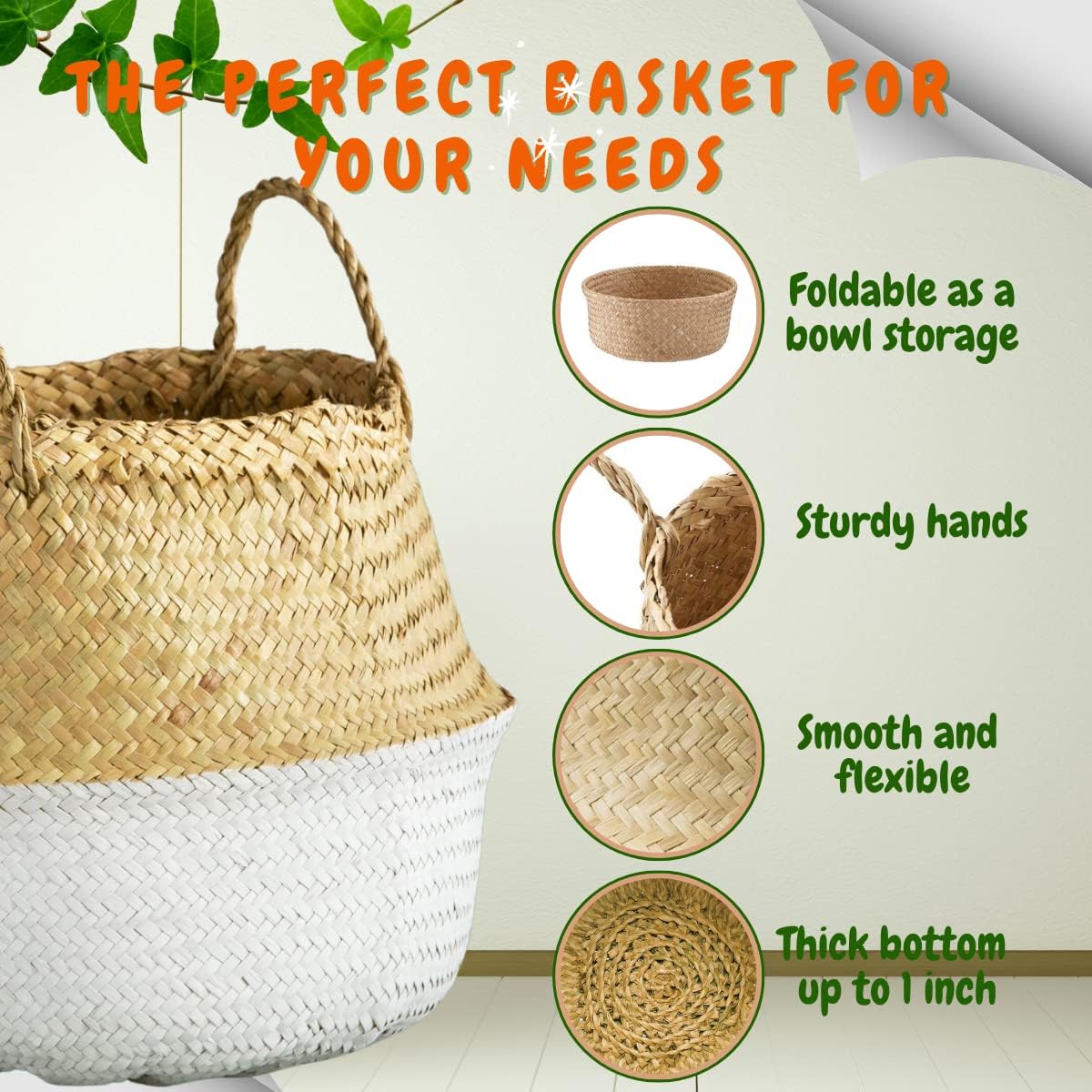 Extra Large Size(16x16x15 inches) Seagrass Belly Basket for Storage, Laundry, Picnic and Woven Straw Beach Bag - Plant Pots Cover Indoor Decorative