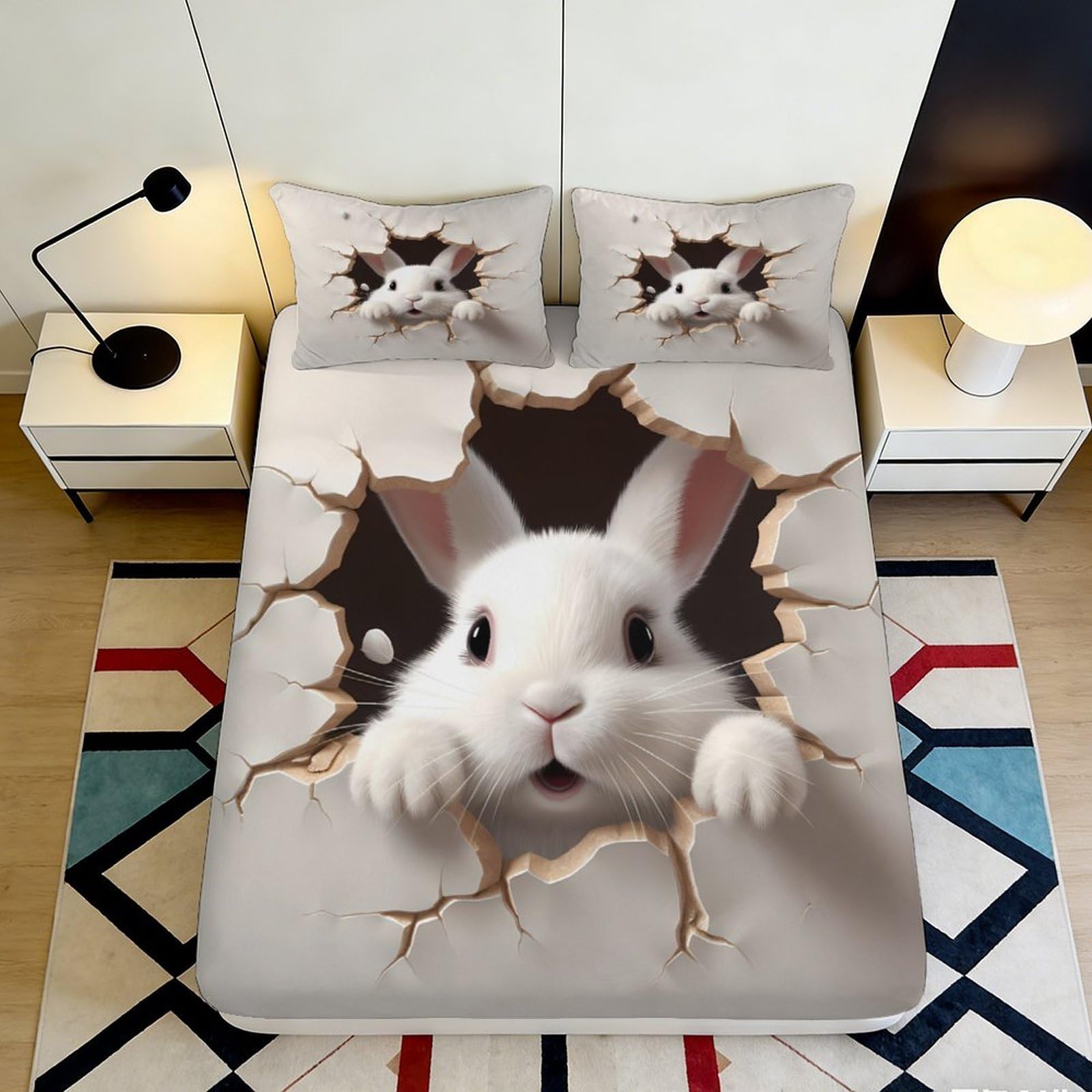 3D Printed Rabbit Pattern Fitted Sheet Microfiber Deep Pocket Washable Bedroom Bedding Rabbit Mattress Fitted Cover Full Wrap 90x200x25cm