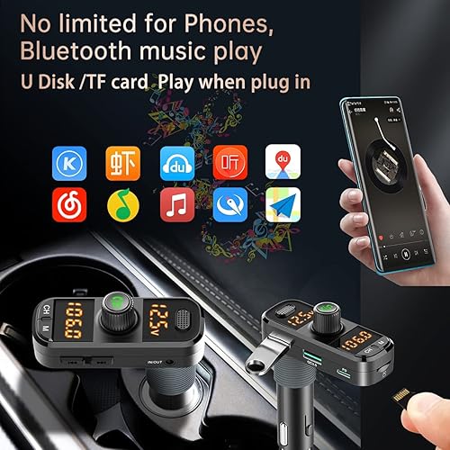 Miniatura 5 de Receptor de radio Bluetooth 5.0 para cambio de coche con 2 micrófonos más fuertes, cargador de coche USB PD QC 3.0 de 41 W, adaptador de audio