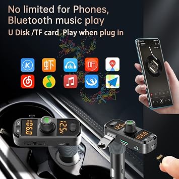 Bluetooth 5.0 Car Change Radio Receiver with 2 Stronger Microphones, 41W PD QC 3.0 USB Car Charger, Aux in/Out Wireless Audio Music Adapter, with Hands Free Calls and Voice Assistant