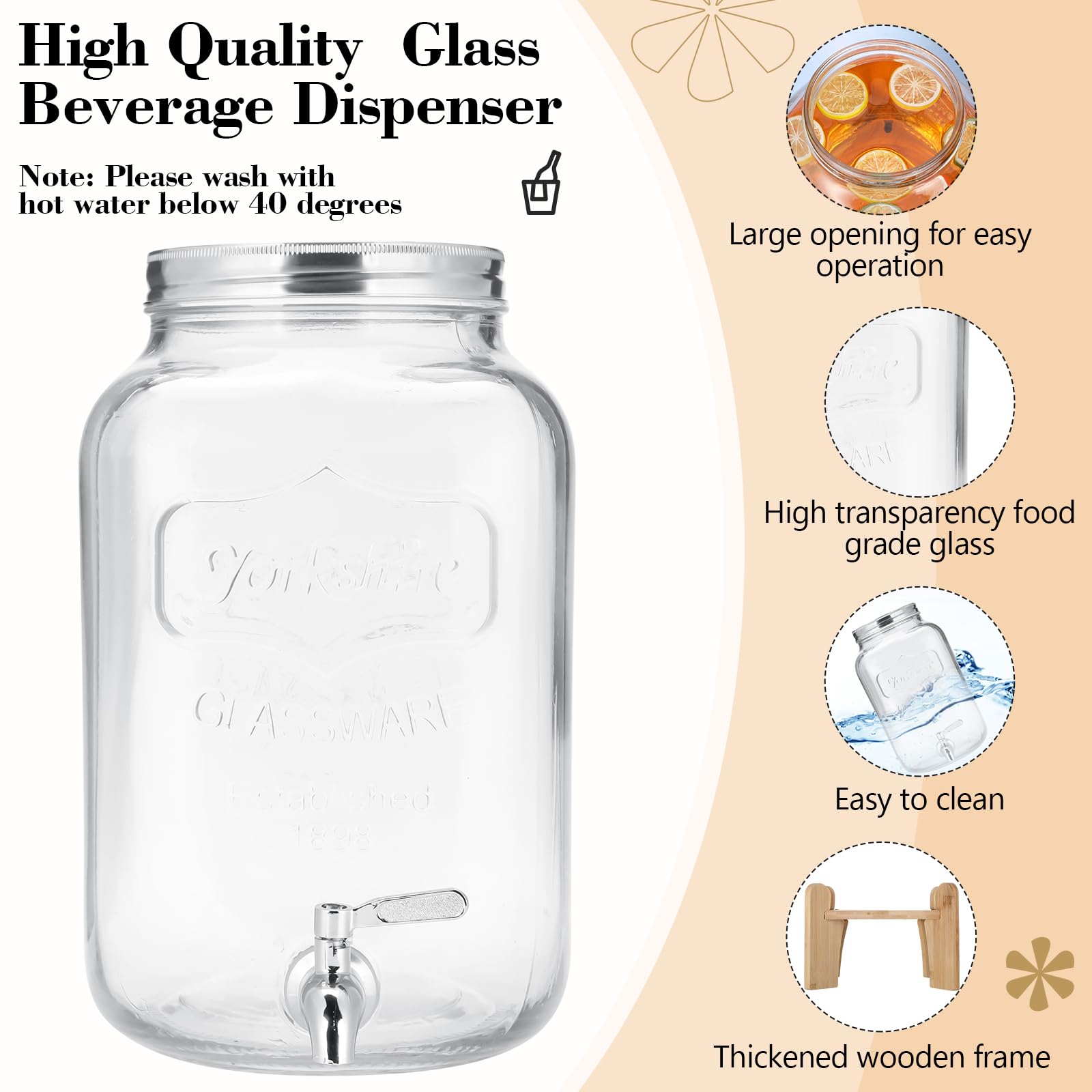 Sliner Paquete de 2 dispensadores de bebidas de vidrio con soporte, dispensador de bebidas de vidrio, recipientes de agua y jugos para fiestas con pizarra colgante de espiga de acero inoxidable (2