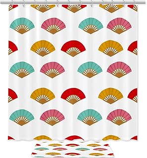 WANNABUY Rideau de douche imperméable (180 cm) avec 12 crochets et tapis de bain antidérapant (49,6 x 80,9 cm) - Lot de 2 éventails espagnols - Bleu, rouge, rose, jaune