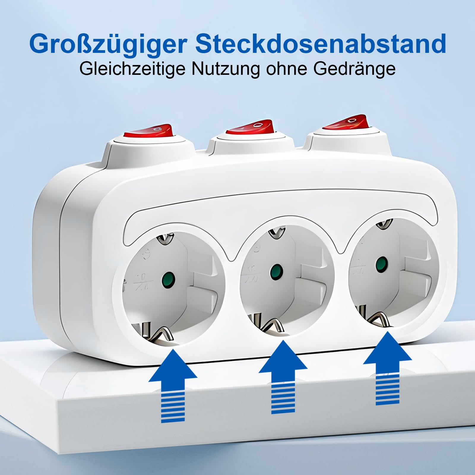 3-Fach Steckdosenleiste mit einzeln Schalter,16A/250V 3680W Steckdosenadapter mit Mehrfachstecker für Steckdosen - Mehrfachsteckdose mit Kindersicherung für Küche,Büro oder Heim,Weiß