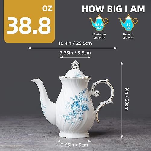 Miniatura 2 de Agyiuns Tetera de cerámica, tetera de porcelana de 37 onzas con tapa para té, leche, café, té de flores (rosa)