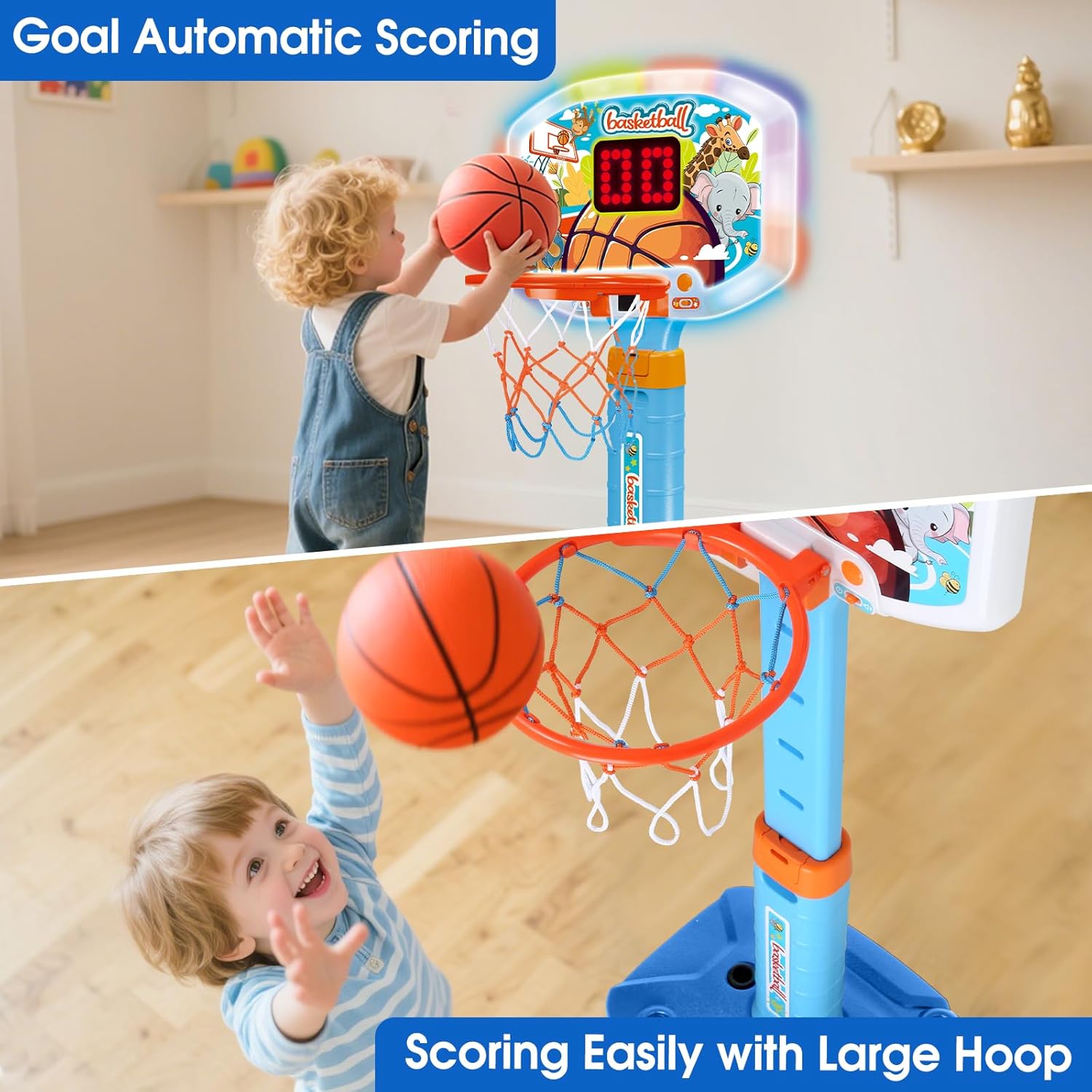 Toddler Basketball Hoop Indoor for Age 1-3, Kids Basketball Hoop with Led Light Scoreboard, Adjustable Basketball Goal with 3 Balls, Outdoor Sport Toy for 1 2 3 4 Year Old Baby Boy Girl Birthday Gift