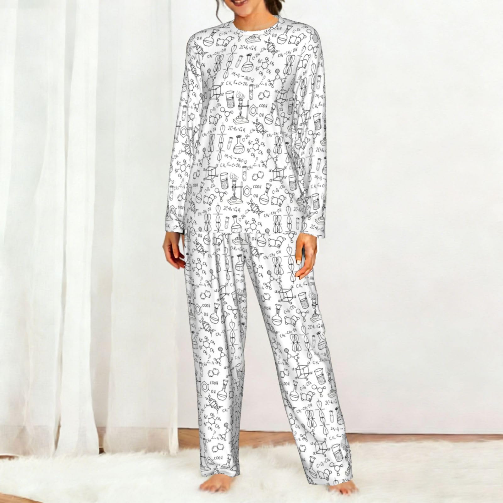 Chemistry Stampa Stampa Donna Manica Lunga Set Pigiama Corrispondente Morbido Elastico Coulisse Casual Daywear