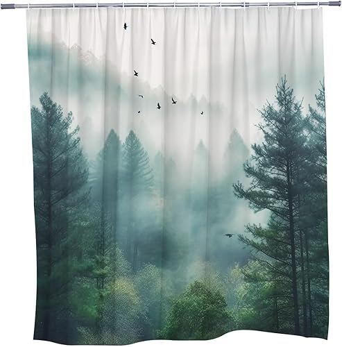 Miniatura 3 de Misty Forest - Cortina de ducha escénica de naturaleza con árboles verdes, bosques brumosos, cortinas de baño, pájaros, primavera, verano,