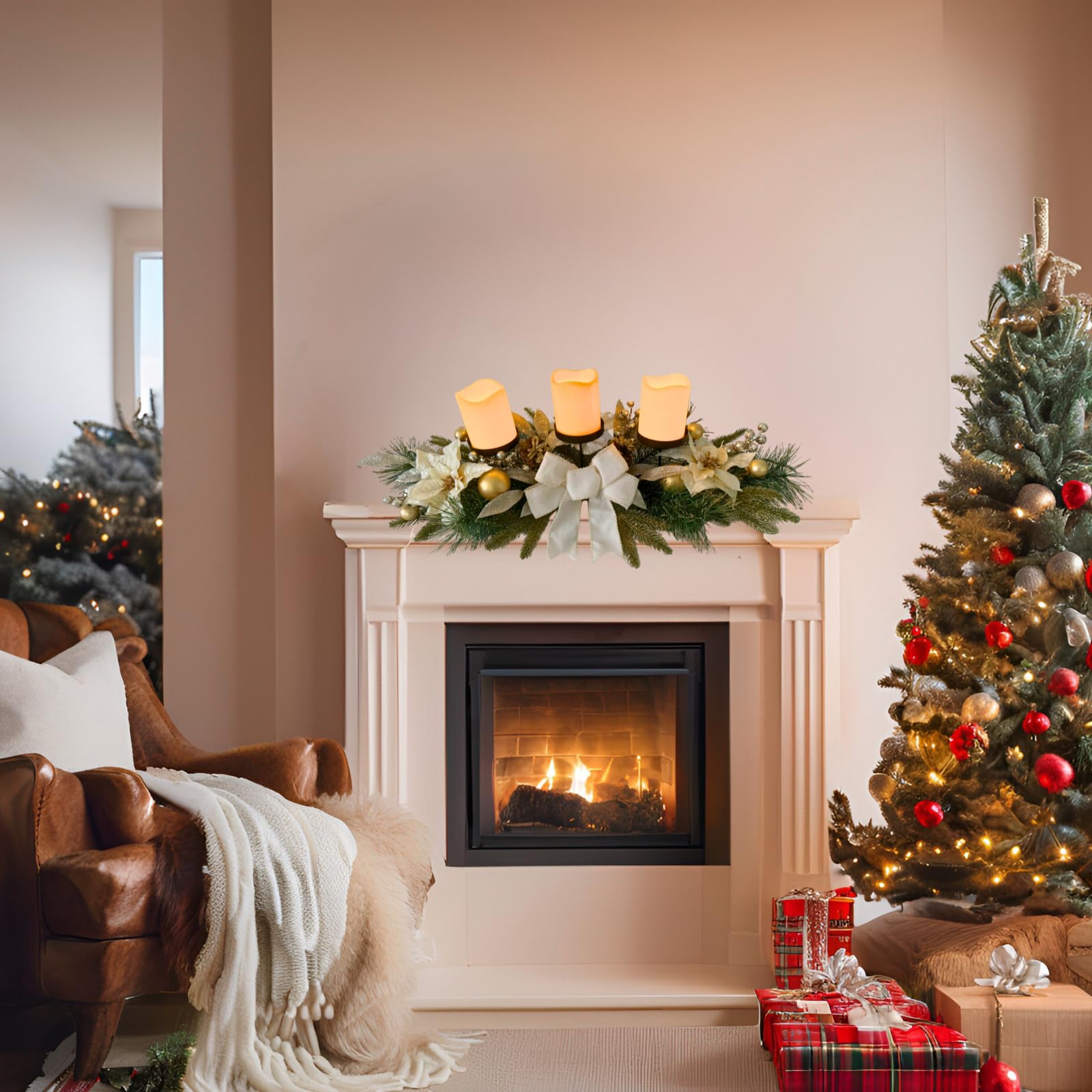 Svndlyn Portavelas de Navidad, centro de mesa de Navidad, 3 portavelas con flores de Pascua blancas, lazo decorativo con purpurina y ramas de pino, piñas para centro de mesa, decoración navideña