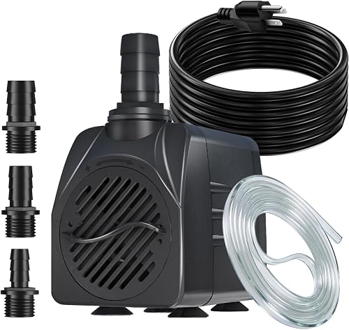 25W Submersible Water Pump, 400GPH(1500L/H) with 9.8ft Power Cord | 6.5ft High Lift, Adjustable Flow, Ultra Quiet, Overheat Protection, 4.9ft Hose for Aquariums, Ponds, Fountains & Hydroponics