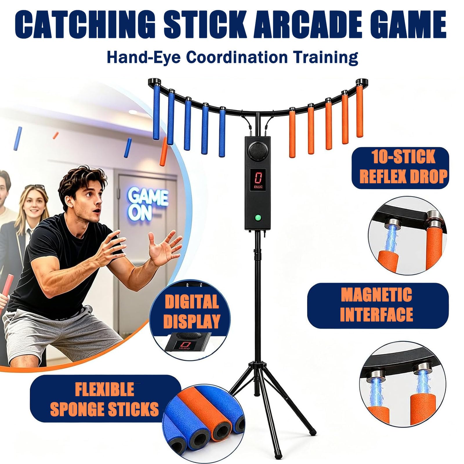 Máquina recreativa de Entrenamiento de coordinación Ojo-Mano con Velocidad Ajustable, Catch Stick, 10 Palos, trípode Ajustable, MP3, Luces LED Yellow